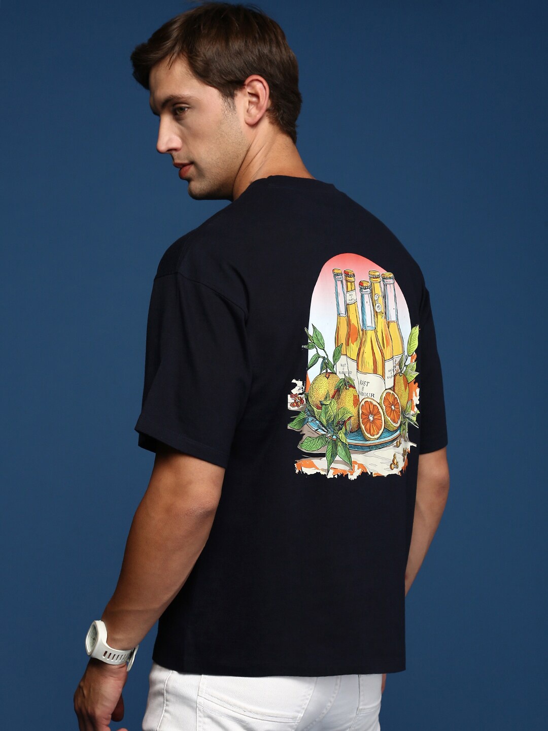 

Mast & Harbour Navy Blue Graphic Printed Pure Cotton Oversized T-shirt