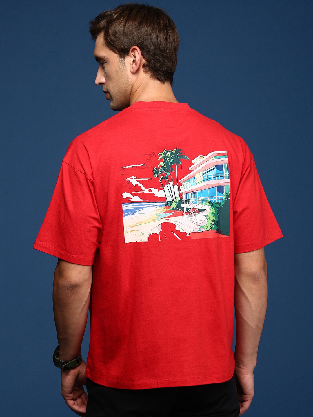 

Mast & Harbour Red Graphic Printed Pure Cotton Oversized T-shirt