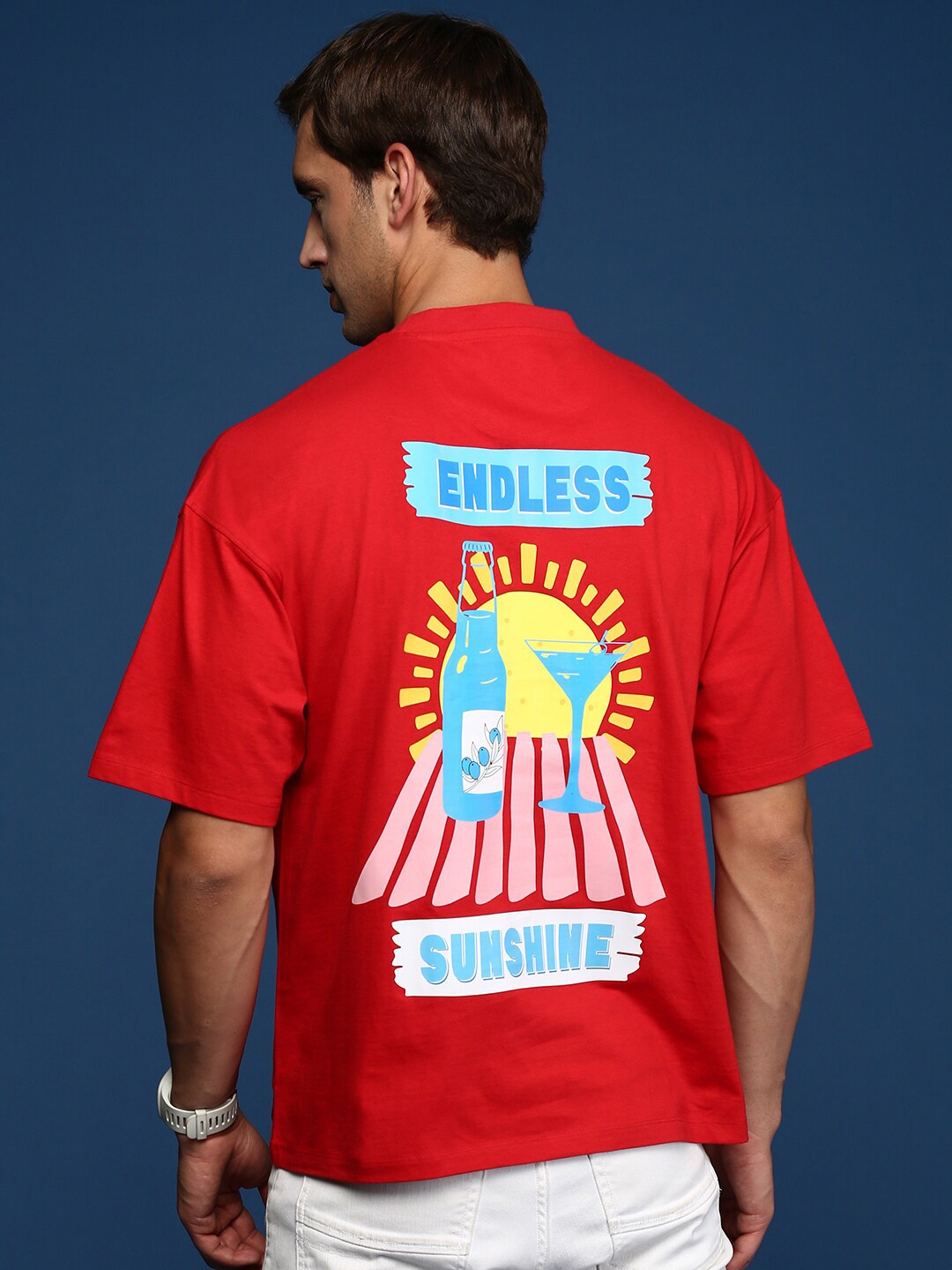 

Mast & Harbour Red Graphic Printed Pure Cotton Oversized T-shirt