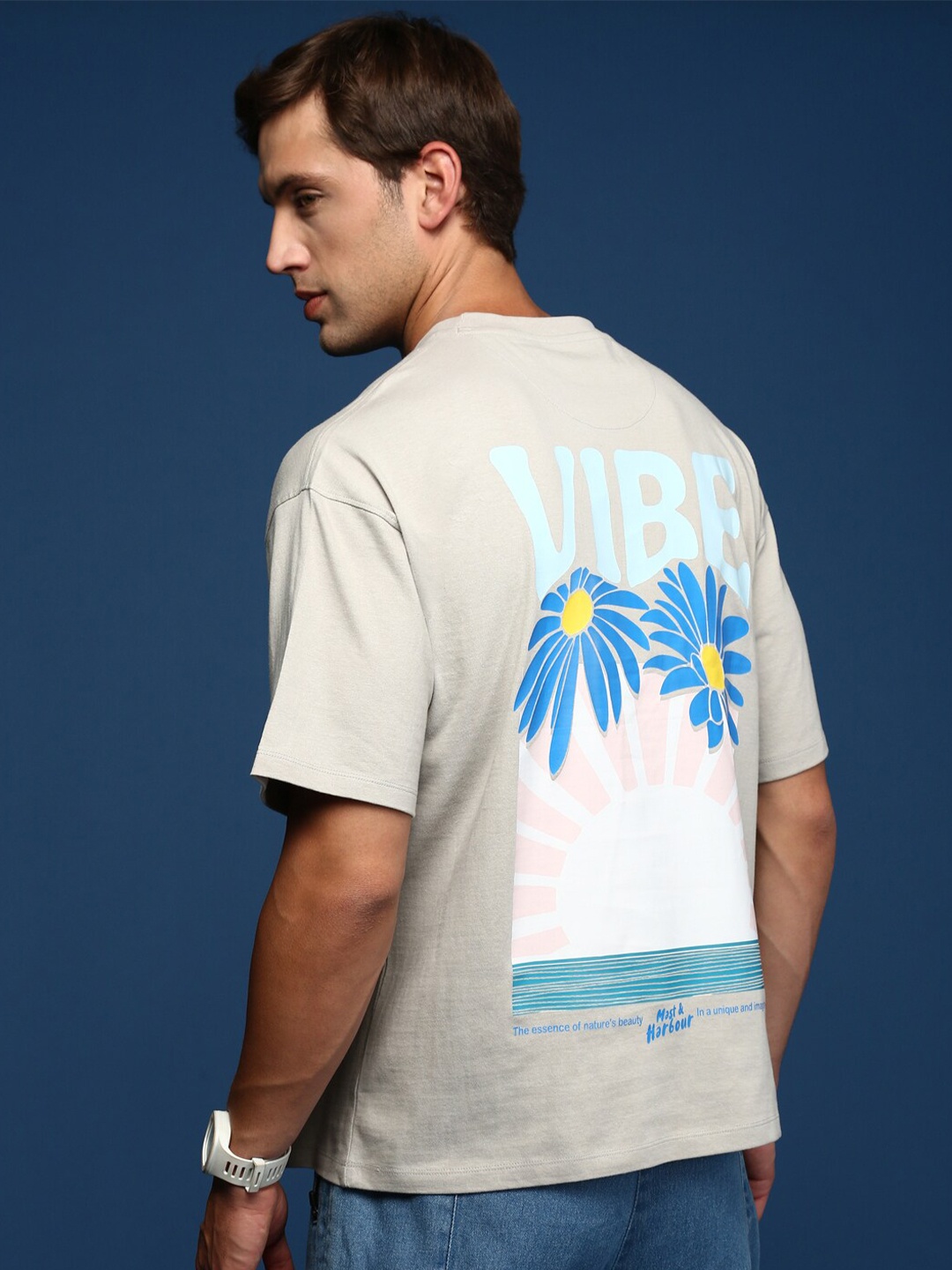 

Mast & Harbour Grey & Blue Graphic Printed Pure Cotton Oversized T-shirt