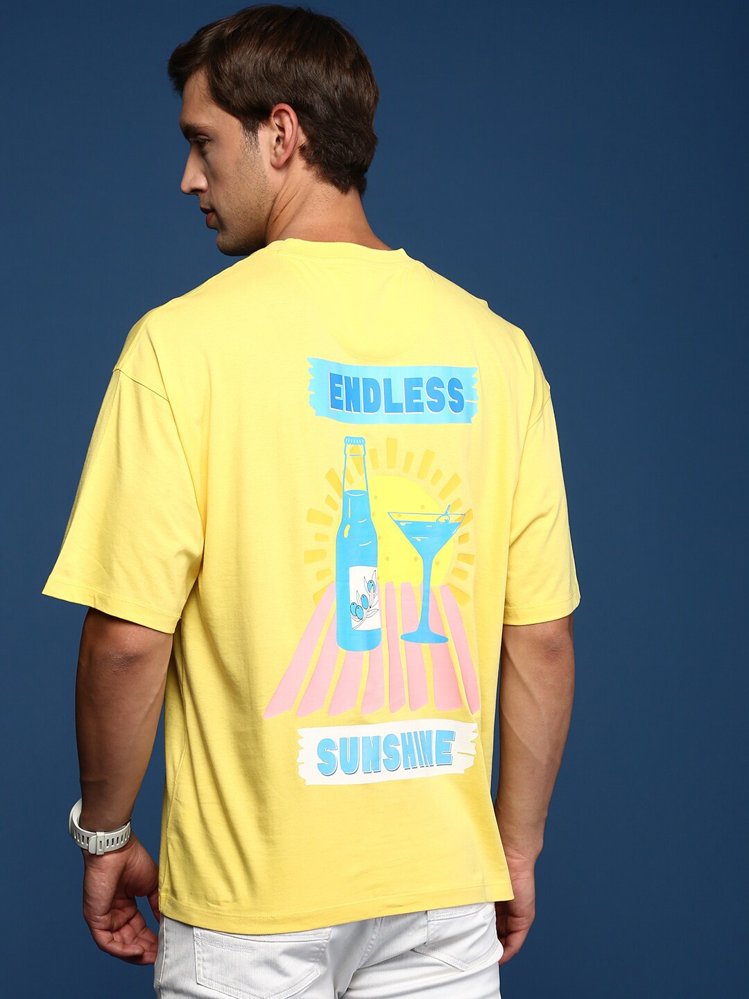 

Mast & Harbour Yellow Typography Printed Cotton Oversized Raw Edge Casual T-shirt