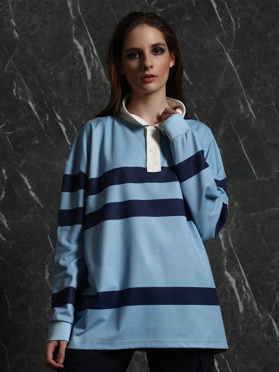 

Breakbounce Striped Drop-Shoulder Sleeves Polo Collar Oversized Cotton T-shirt, Blue