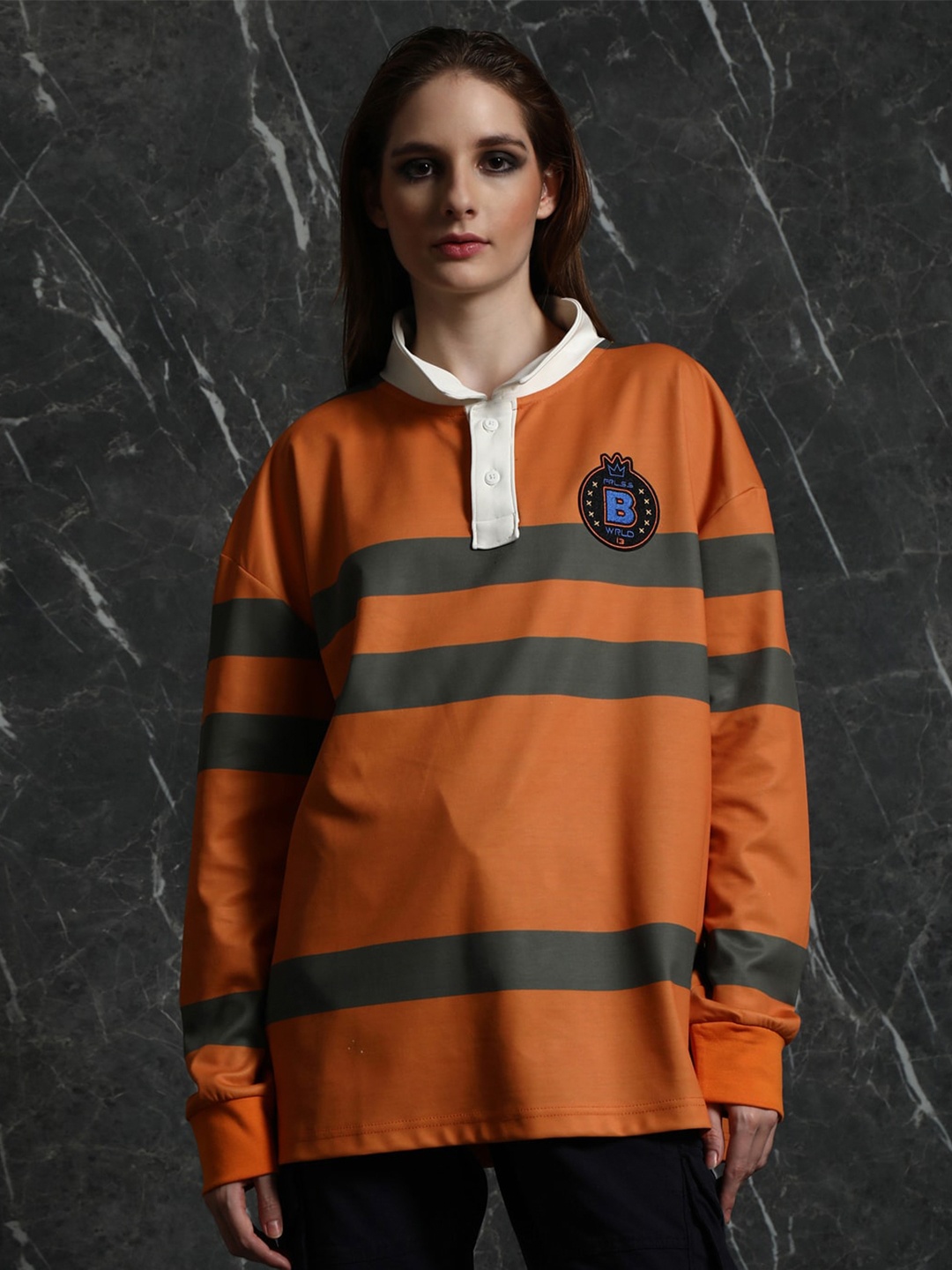 

Breakbounce Striped Drop-Shoulder Sleeves Polo Collar Oversized Cotton T-shirt, Orange