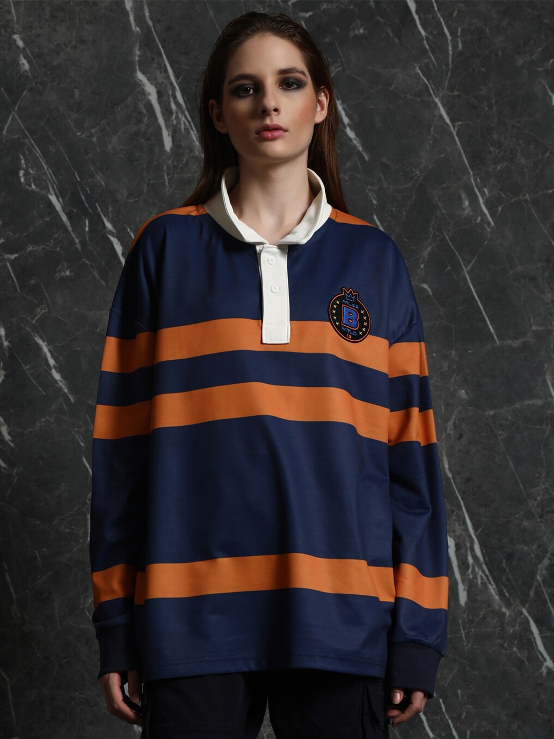 

Breakbounce Striped Drop-Shoulder Sleeves Polo Collar Oversized Cotton T-shirt, Navy blue