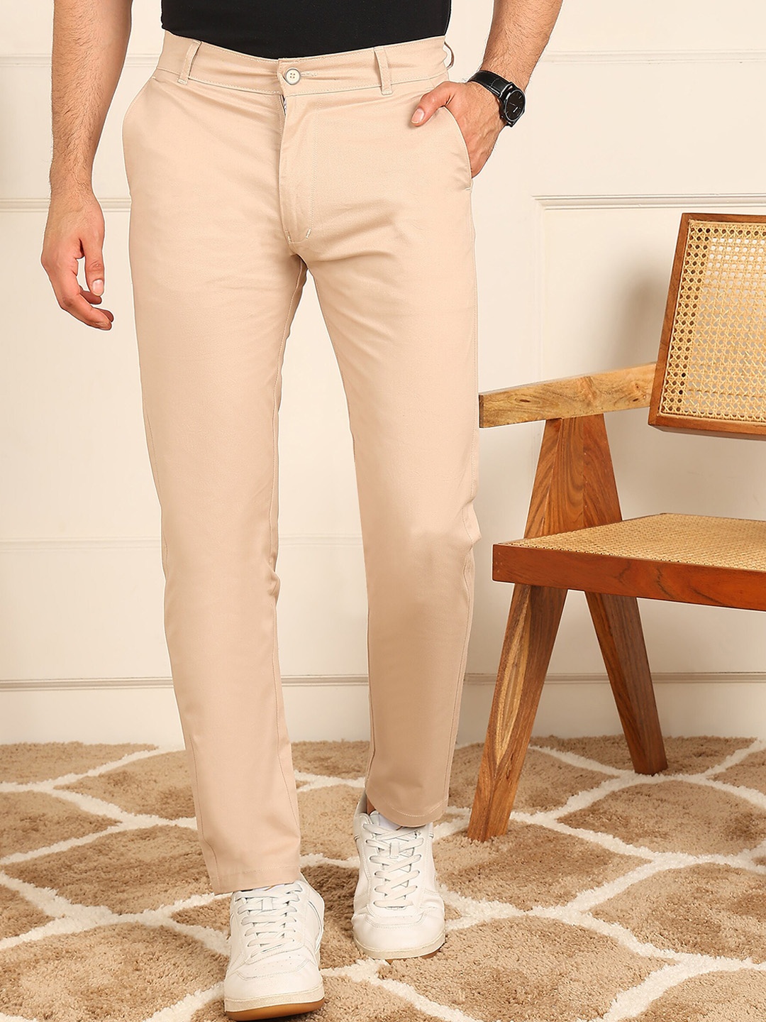 

FUBAR Men Slim Fit Mid-Rise Easy Wash Pure Cotton Chinos, Cream