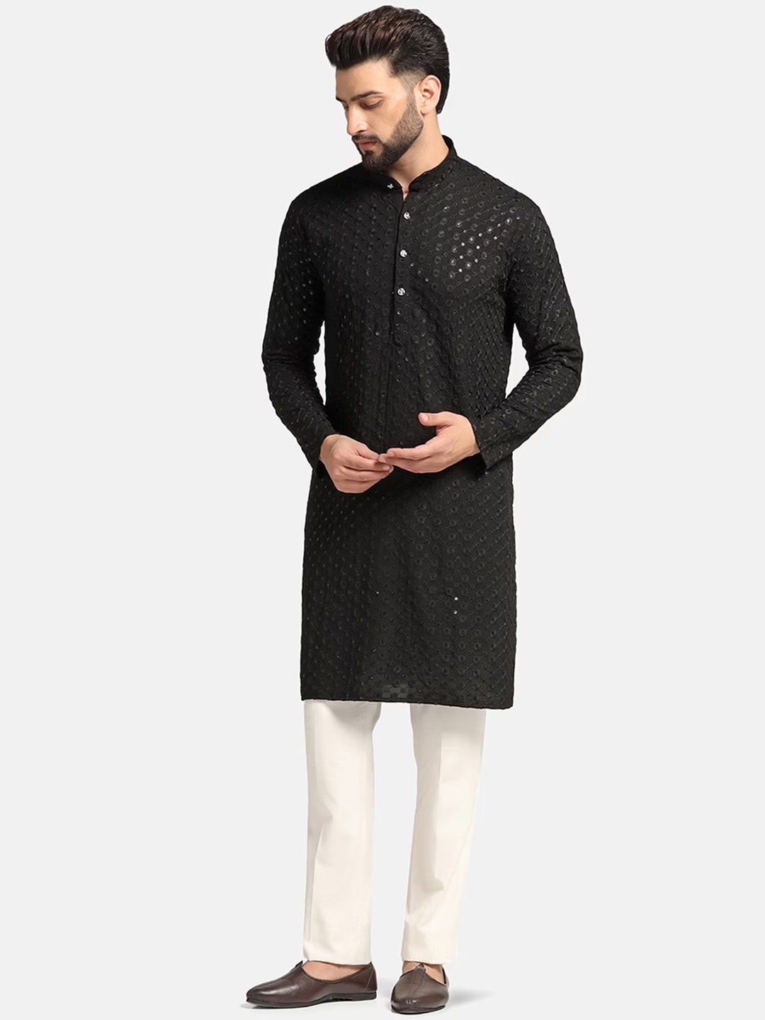 

PERFECTBLUE Floral Embellished Mandarin Collar Thread Work Straight Kurta, Black