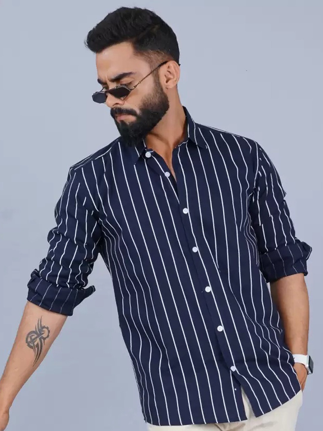 

FUBAR Slim Fit Vertical Striped Spread Collar Long Sleeves Casual Shirt, Navy blue