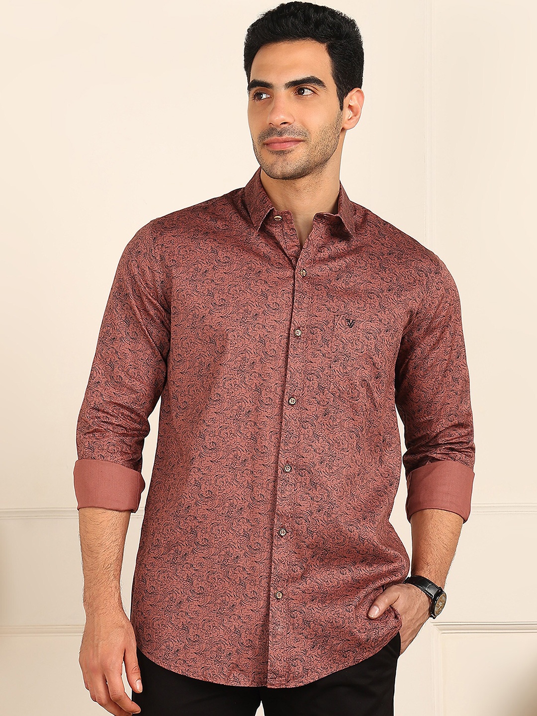 

FUBAR Slim Fit Ethnic Motifs Printed Spread Collar Long Sleeves Casual Shirt, Brown