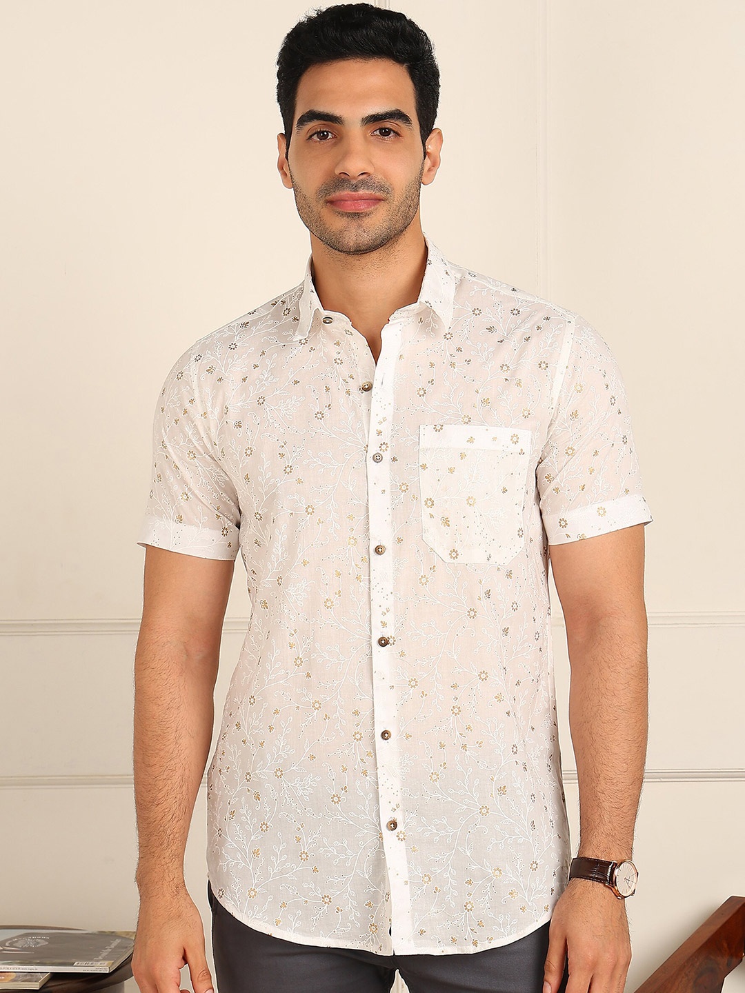 

FUBAR Men Slim Fit Floral Printed Spread Collar Cotton Casual Shirt, White