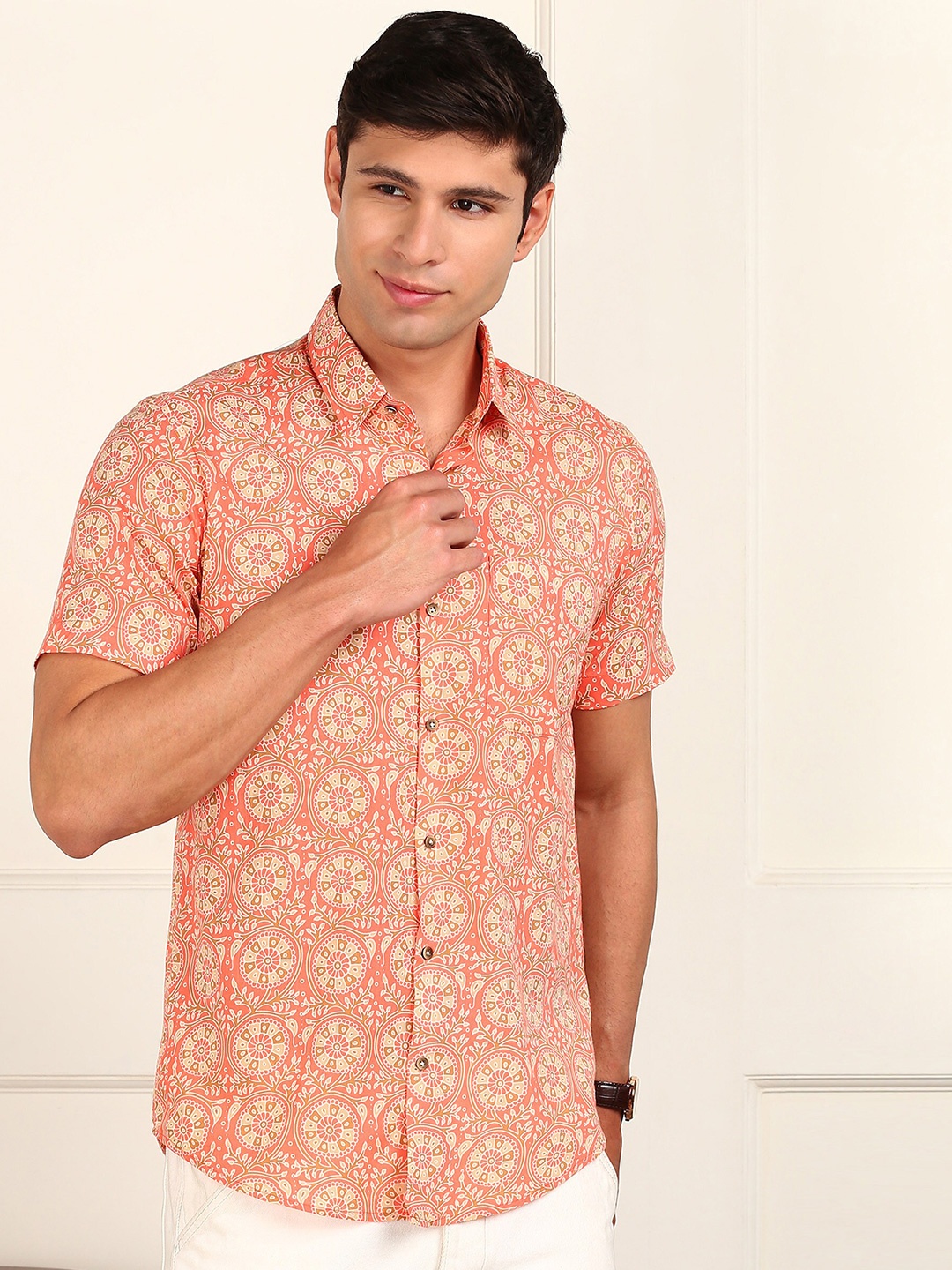 

FUBAR Slim Fit Ethnic Motifs Printed Casual Shirt, Orange