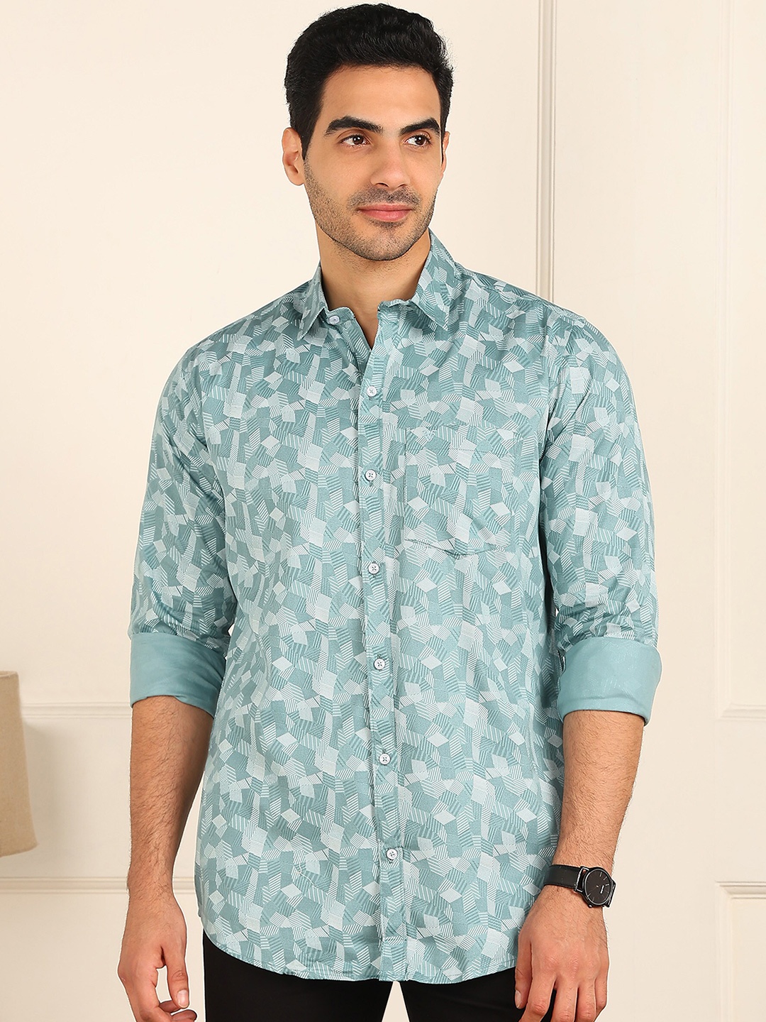 

FUBAR Slim Fit Geometric Printed Long Sleeves Casual Shirt, Blue