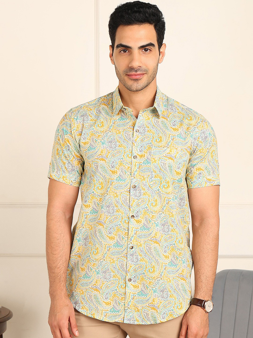 

FUBAR Slim Fit Paisley Printed Spread Collar Casual Shirt, Yellow
