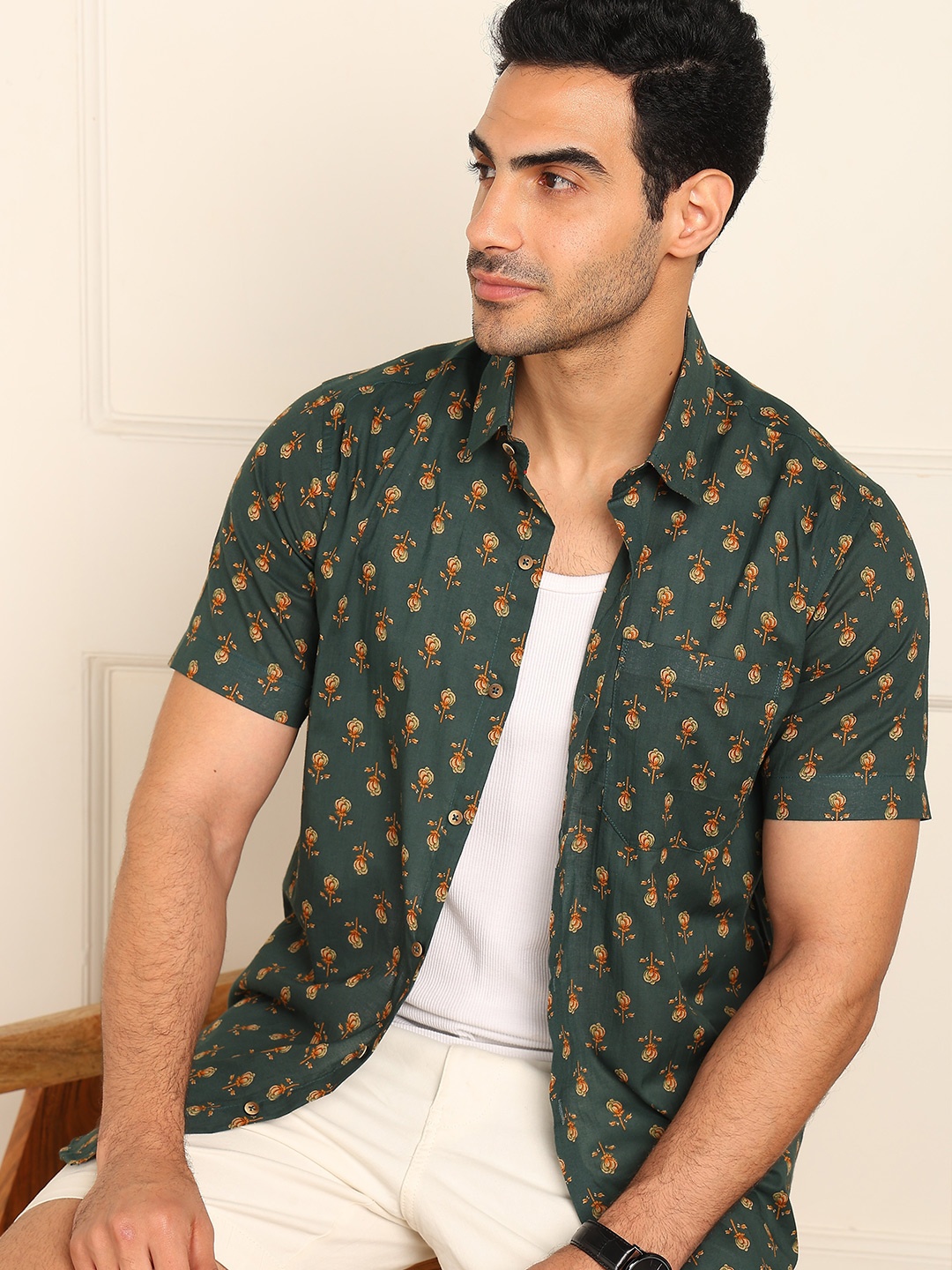 

FUBAR Slim Fit Floral Printed Spread Collar Casual Shirt, Green