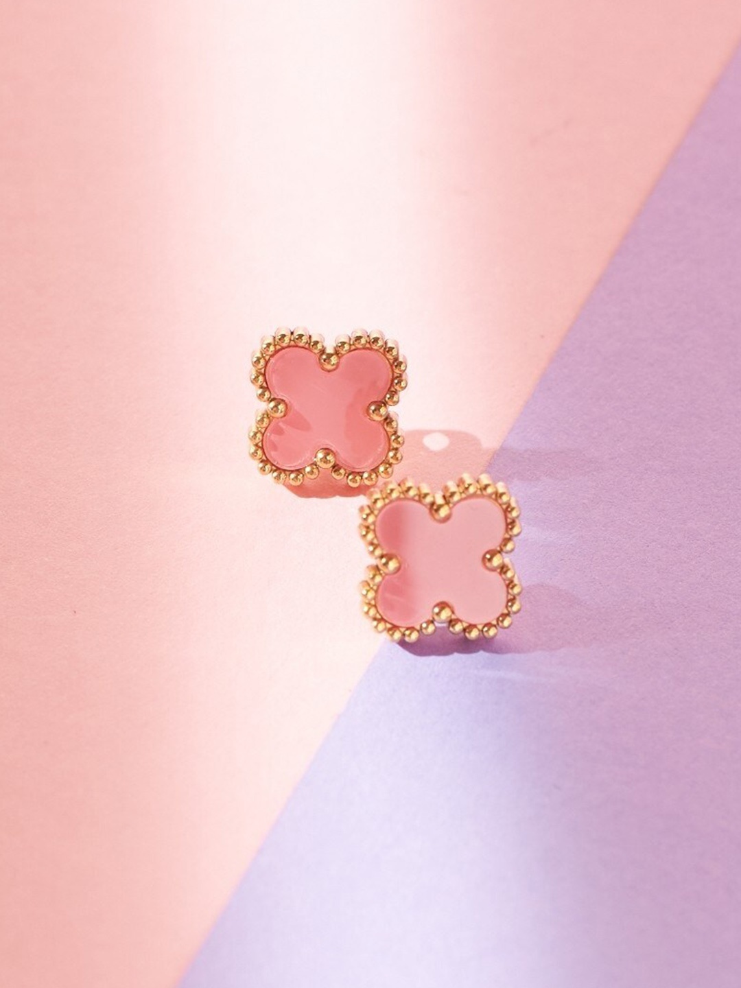 

SALTY Romantic Clover Stone Studded Copper Contemporary Studs Earrings, Peach