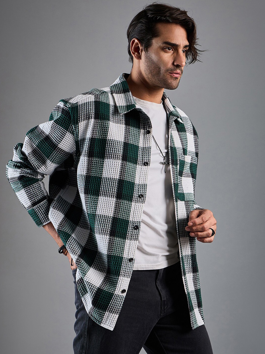 

CHIMPAAANZEE Checked Long Sleeves Oversized Casual Shirt, White