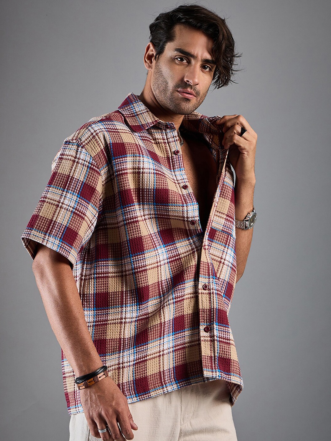 

CHIMPAAANZEE Oversized Tartan Checked Spread Collar Casual Shirt, Maroon