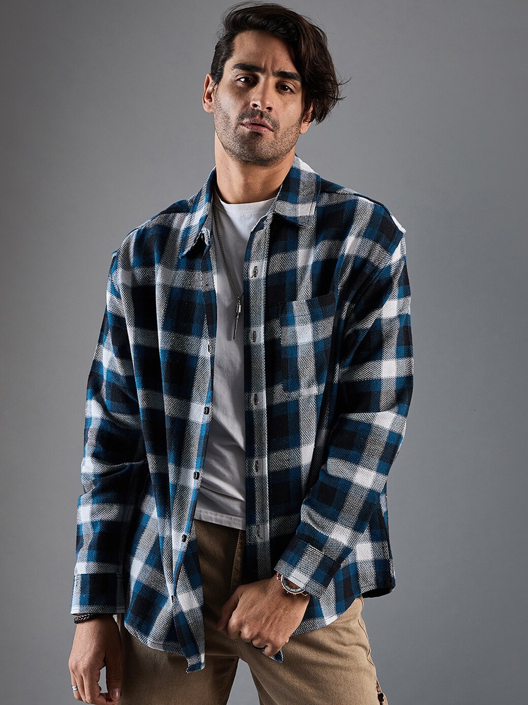 

CHIMPAAANZEE Oversized Tartan Checked Spread Collar Casual Shirt, White