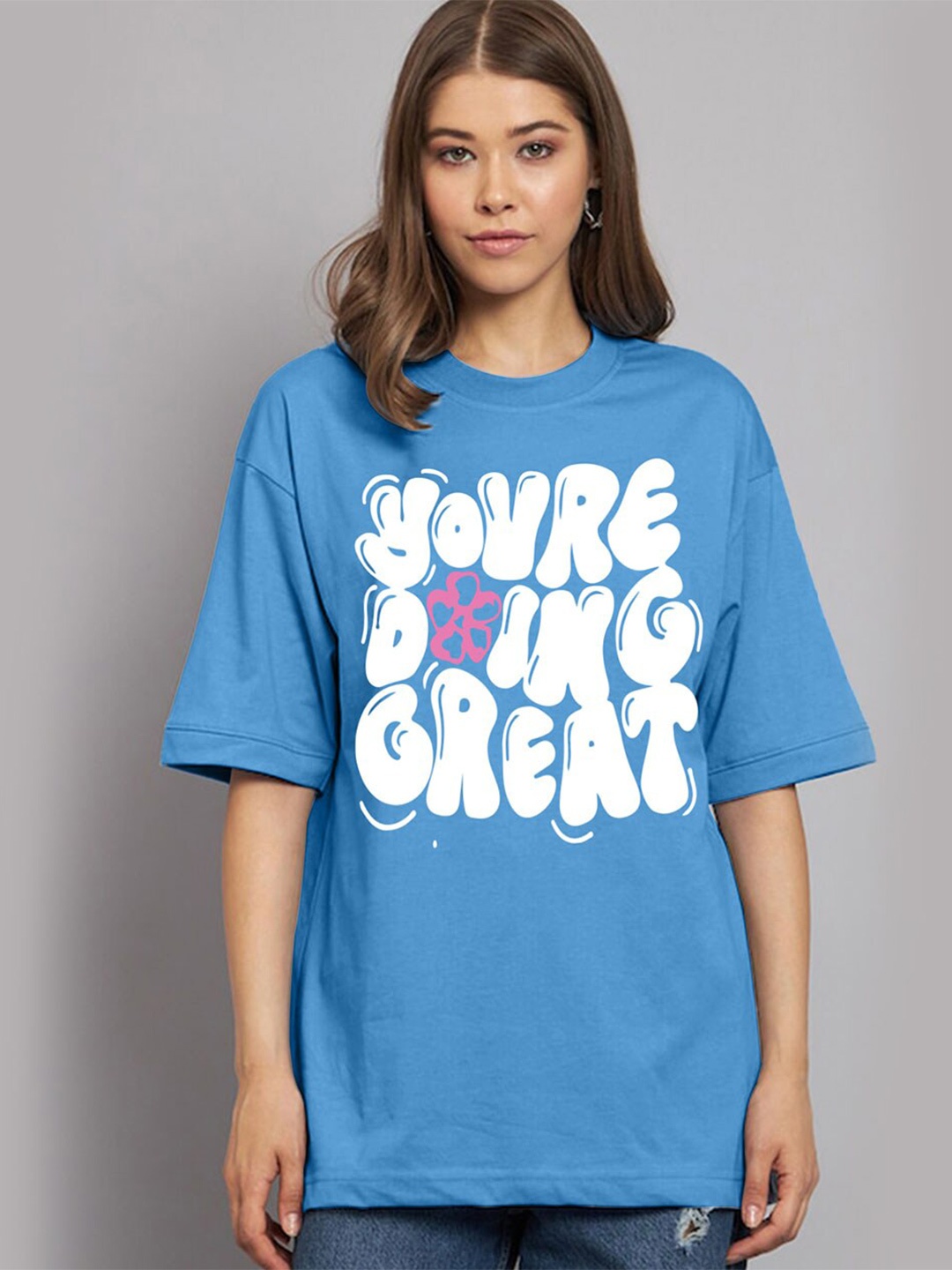

JUNEBERRY Typography Printed Pure Cotton Oversized T-shirt, Blue