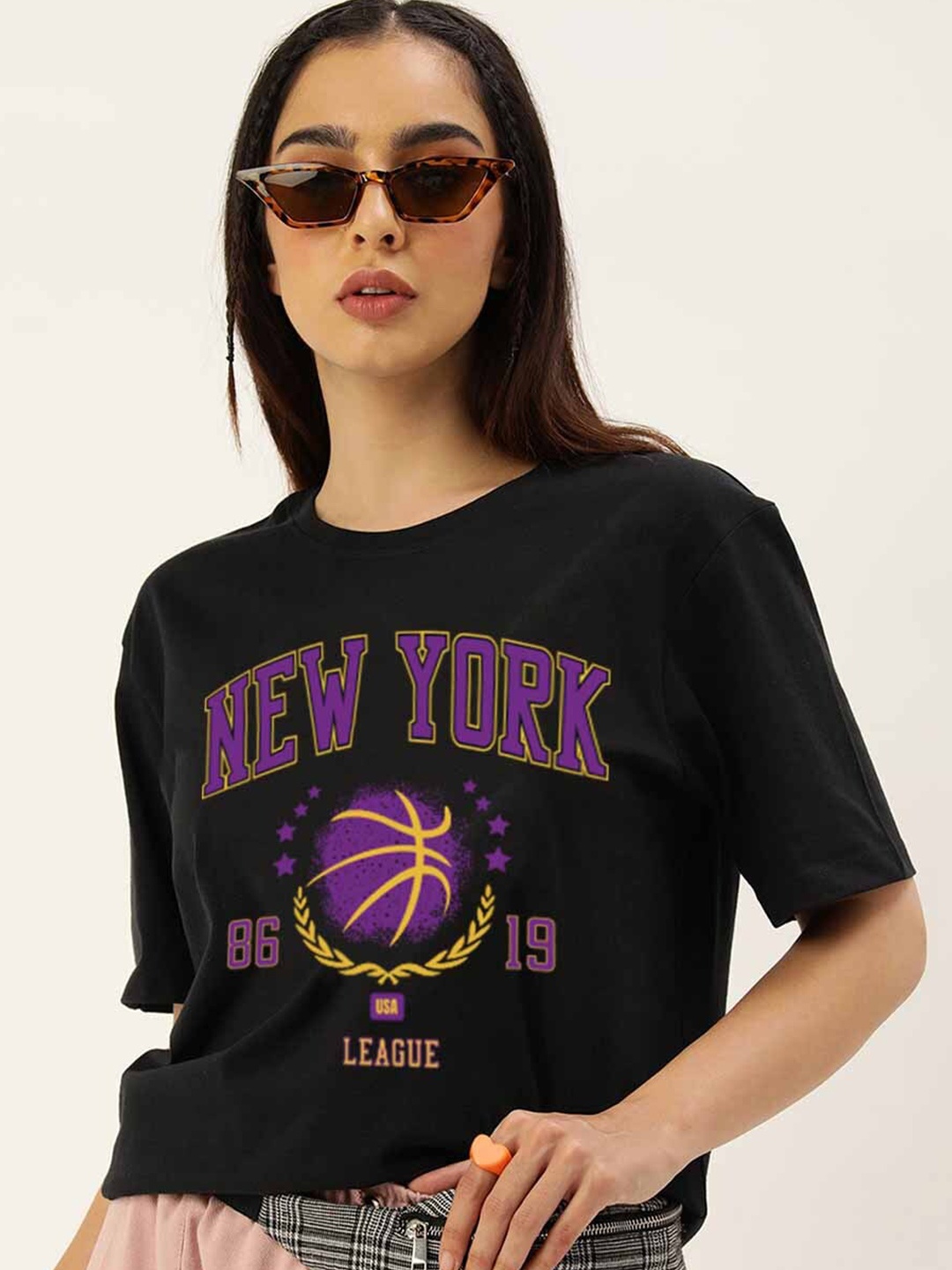 

JUNEBERRY Graphic Printed Drop-Shoulder Oversized Pure Cotton T-shirt, Black