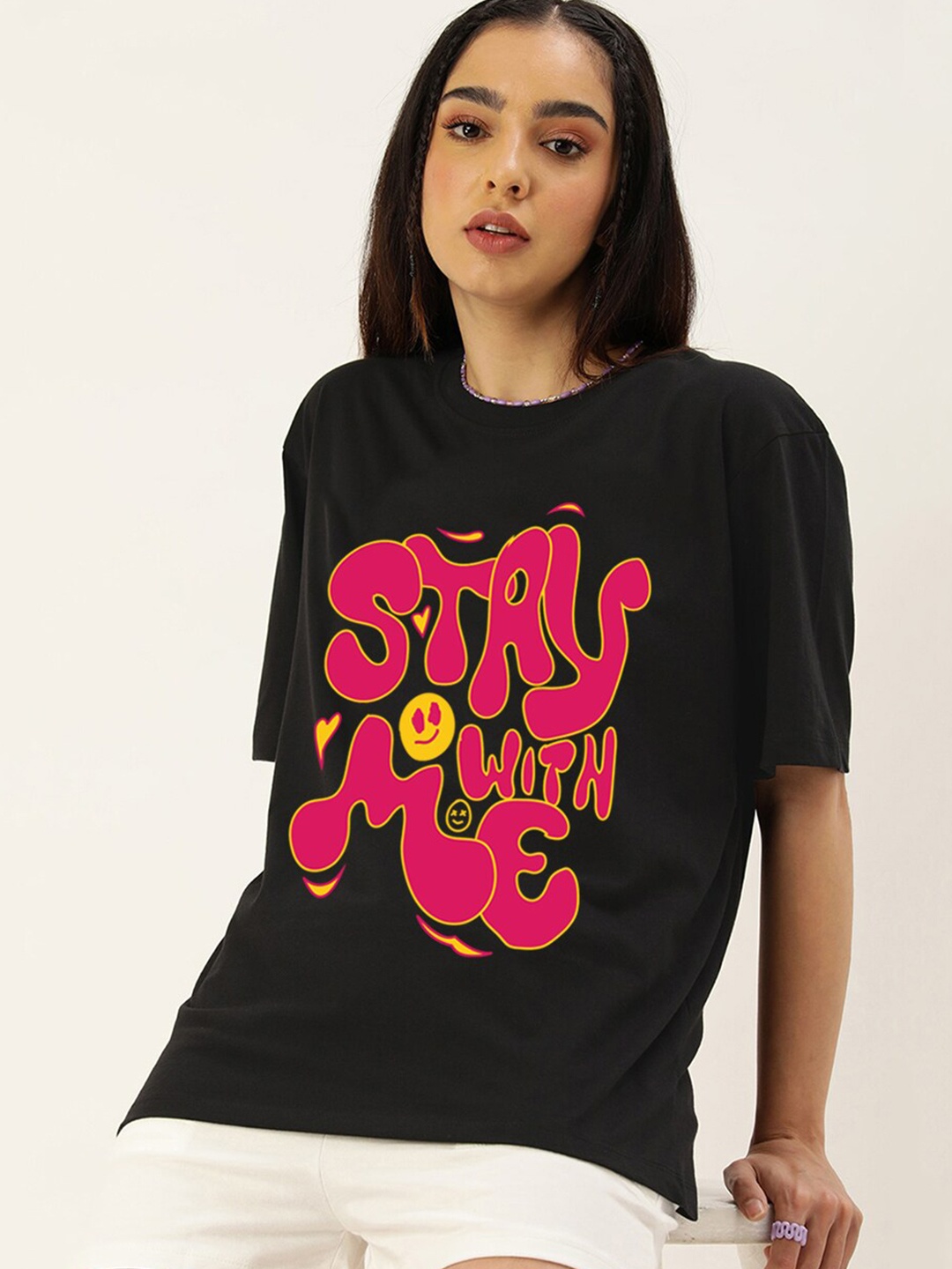 

JUNEBERRY Typography Printed Pure Cotton Oversized T-shirt, Black
