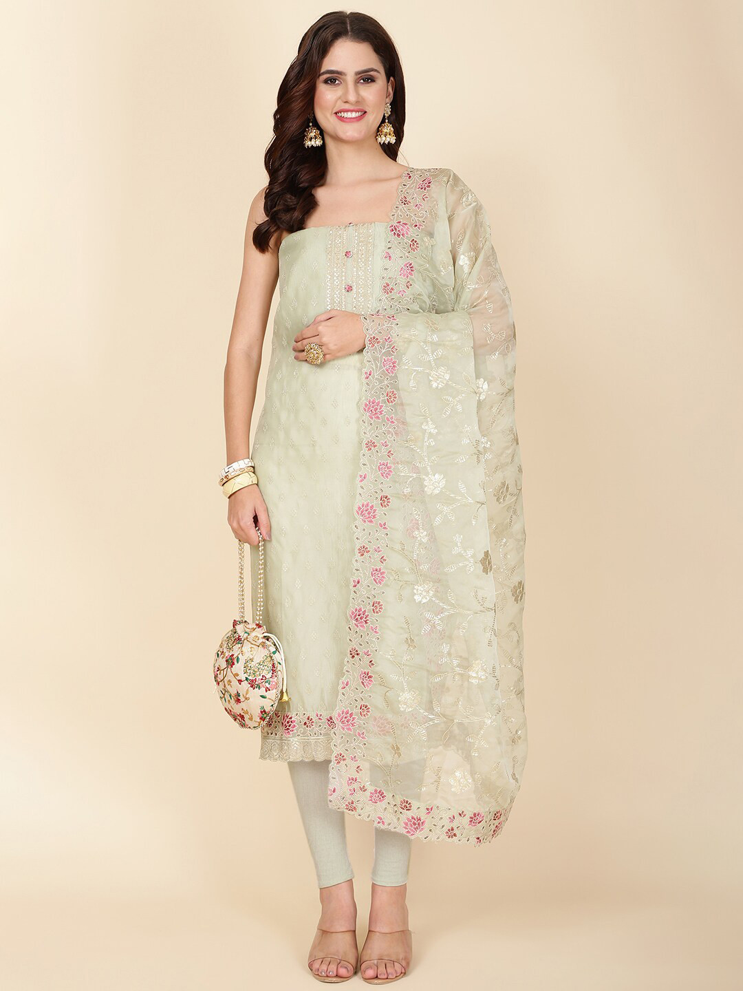 

Meena Bazaar Embroidered Organza Unstitched Dress Material, Green