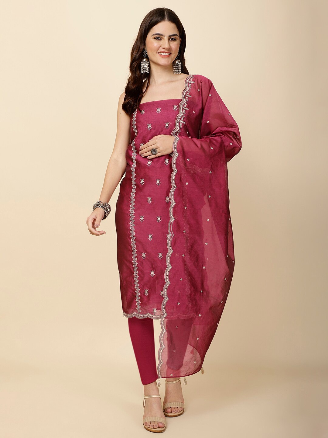 

Meena Bazaar Embroidered Art Silk Unstitched Dress Material, Pink