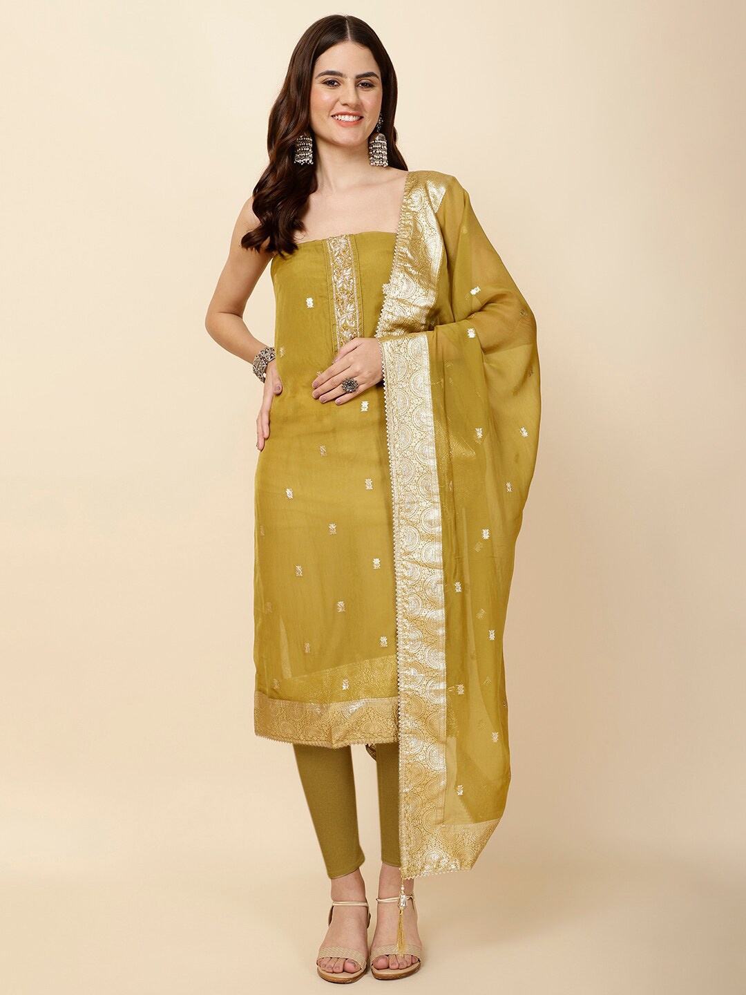 

Meena Bazaar Organza Unstitched Dress Material, Green