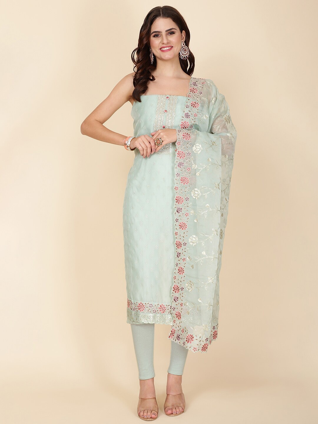 

Meena Bazaar Embroidered Organza Unstitched Dress Material, Sea green