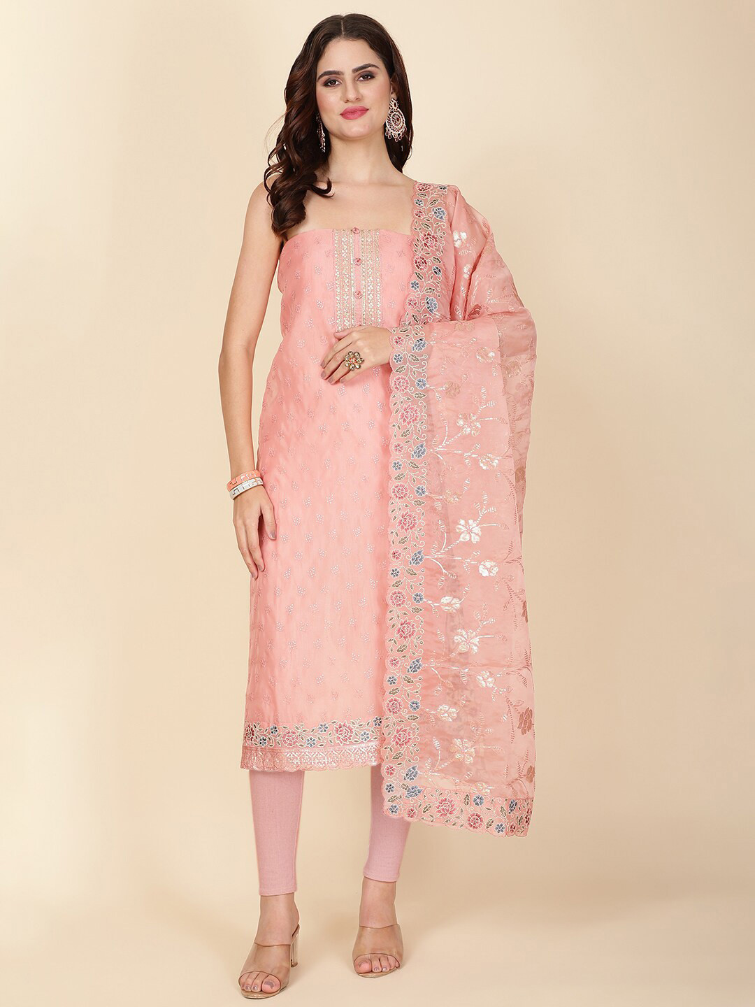 

Meena Bazaar Embroidered Organza Unstitched Dress Material, Pink