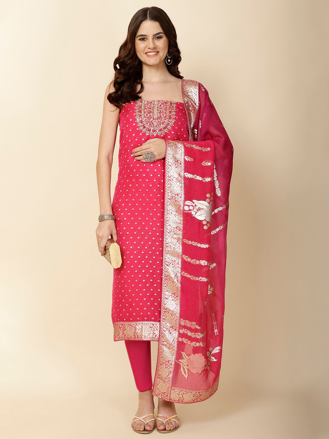 

Meena Bazaar Organza Unstitched Dress Material, Pink