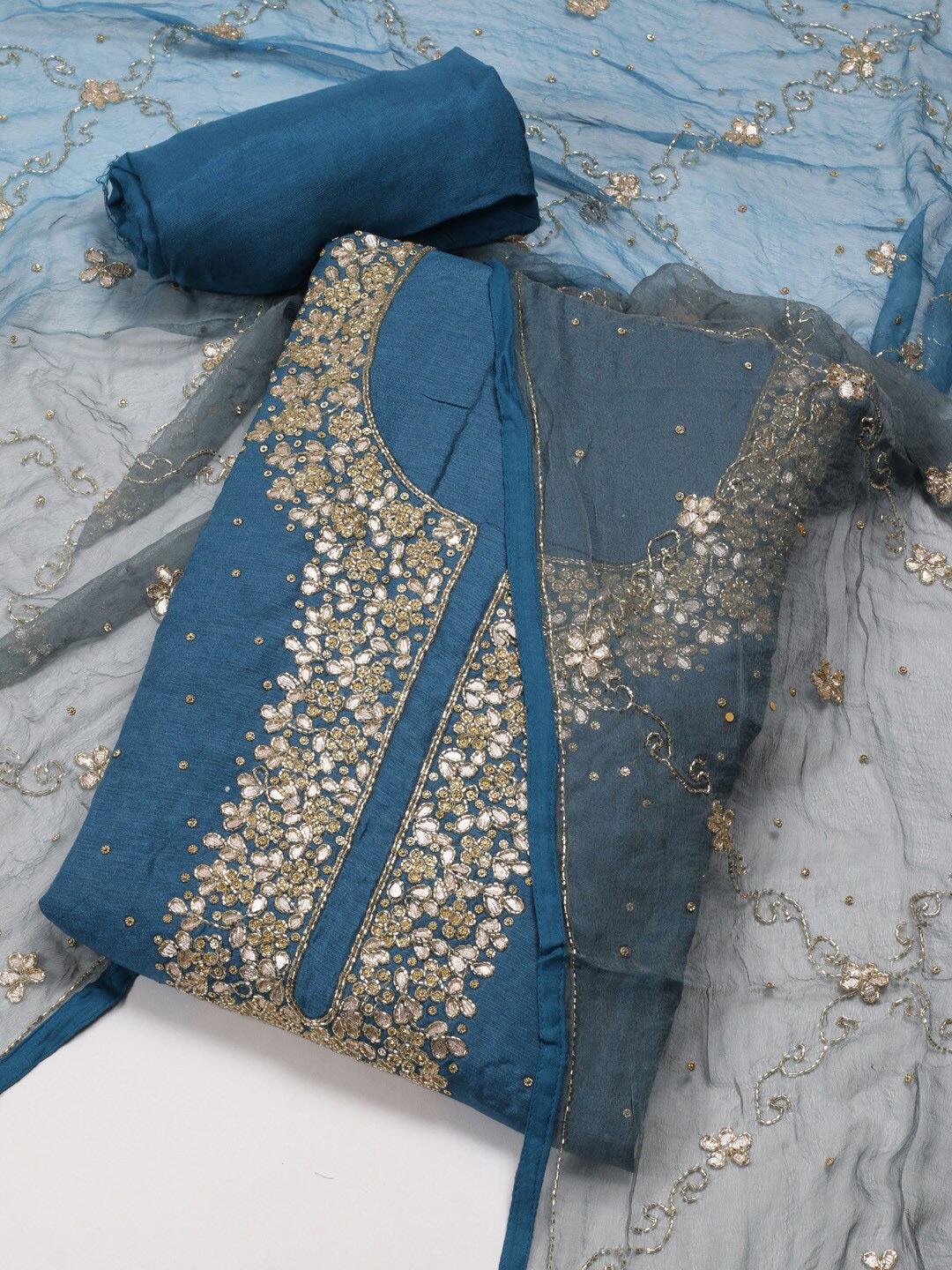 

Meena Bazaar Embellished Art Silk Unstitched Dress Material, Teal