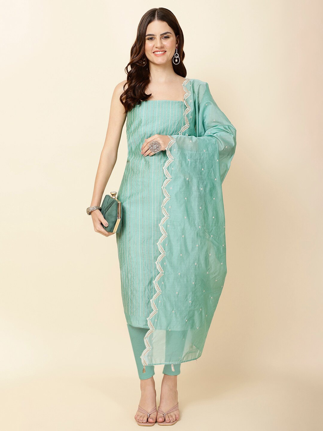 

Meena Bazaar Embroidered Art Silk Unstitched Dress Material, Blue
