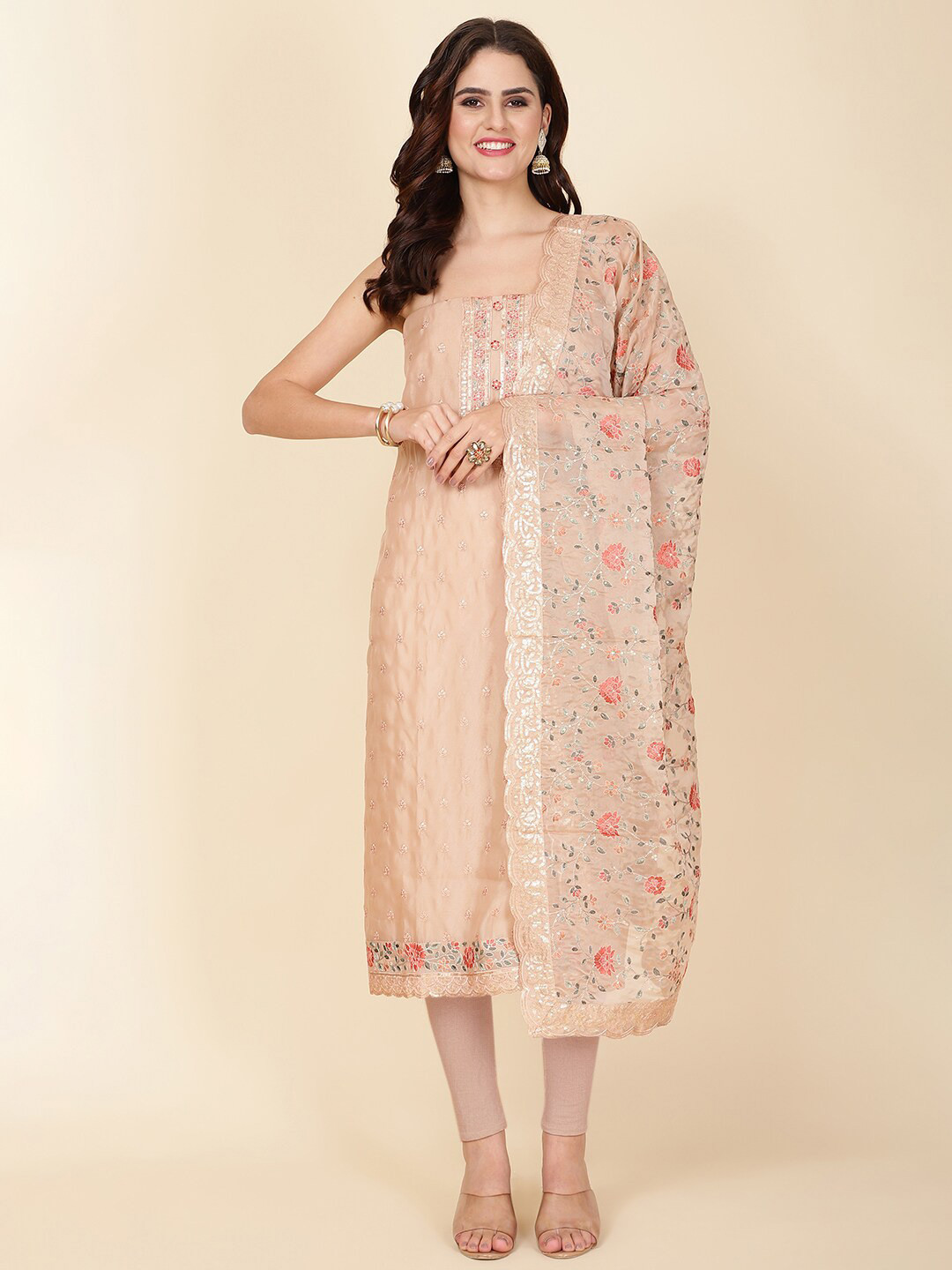 

Meena Bazaar Embroidered Organza Unstitched Dress Material, Peach
