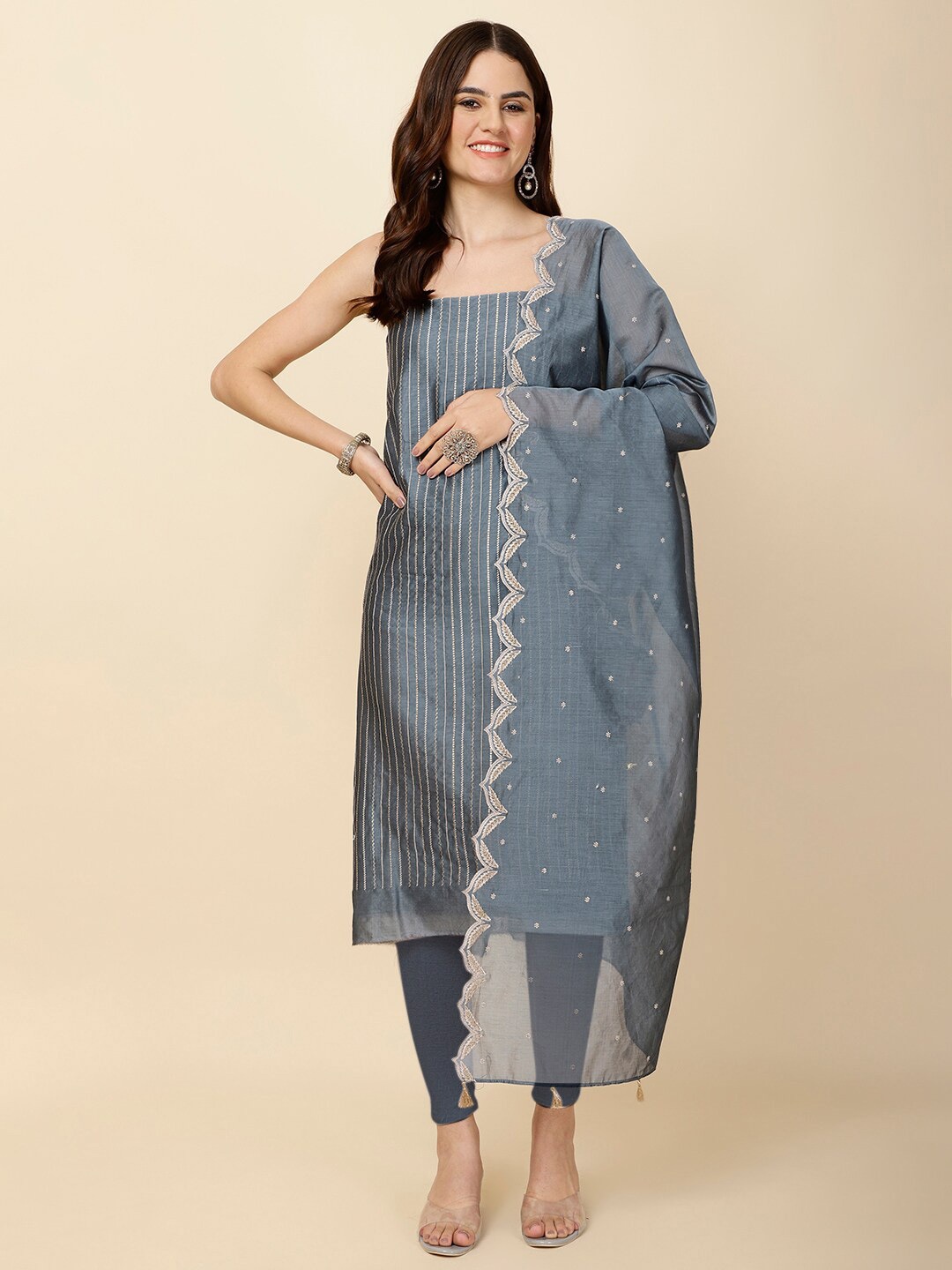 

Meena Bazaar Embroidered Art Silk Unstitched Dress Material, Grey