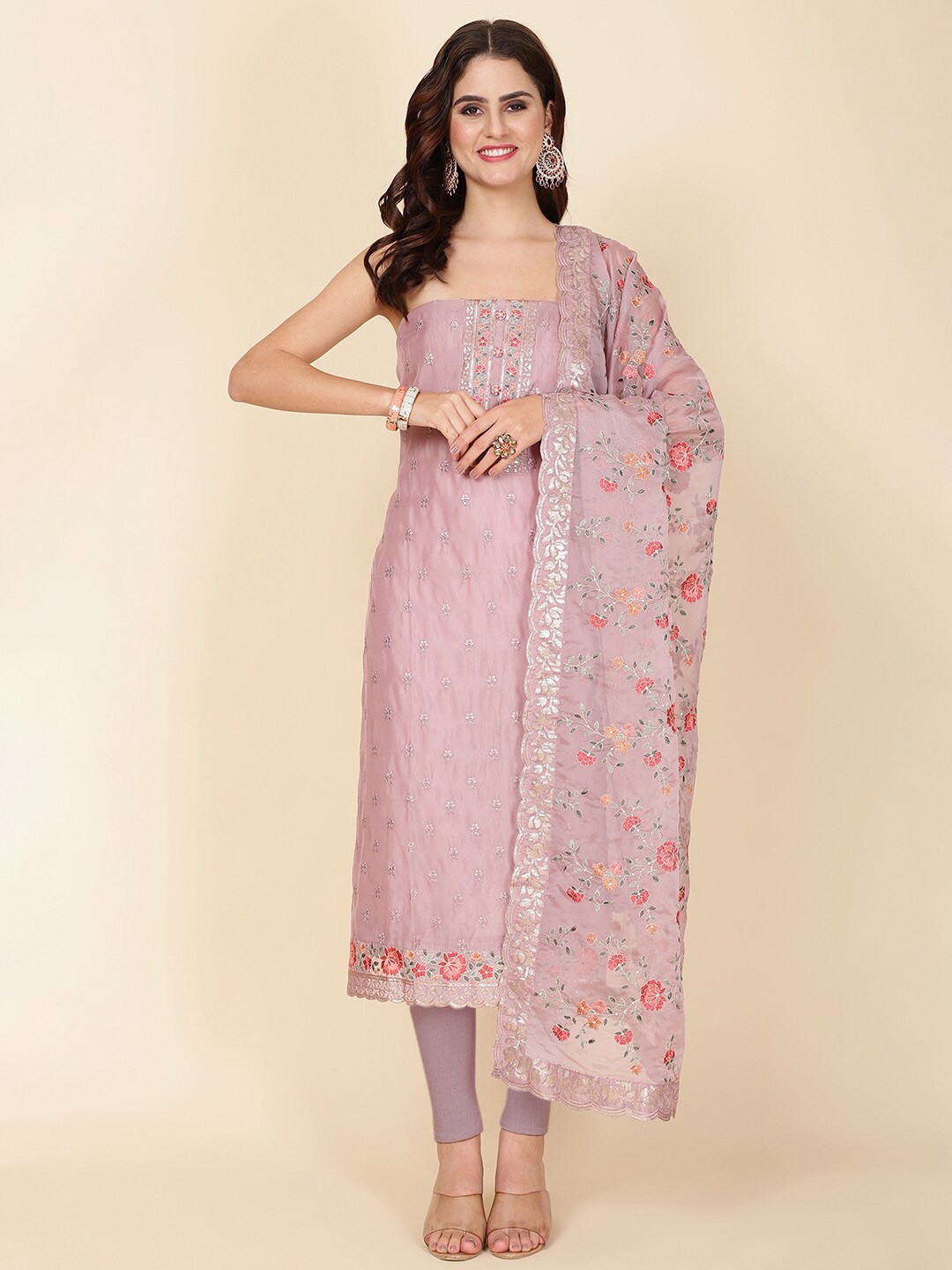 

Meena Bazaar Embroidered Organza Unstitched Dress Material, Lavender