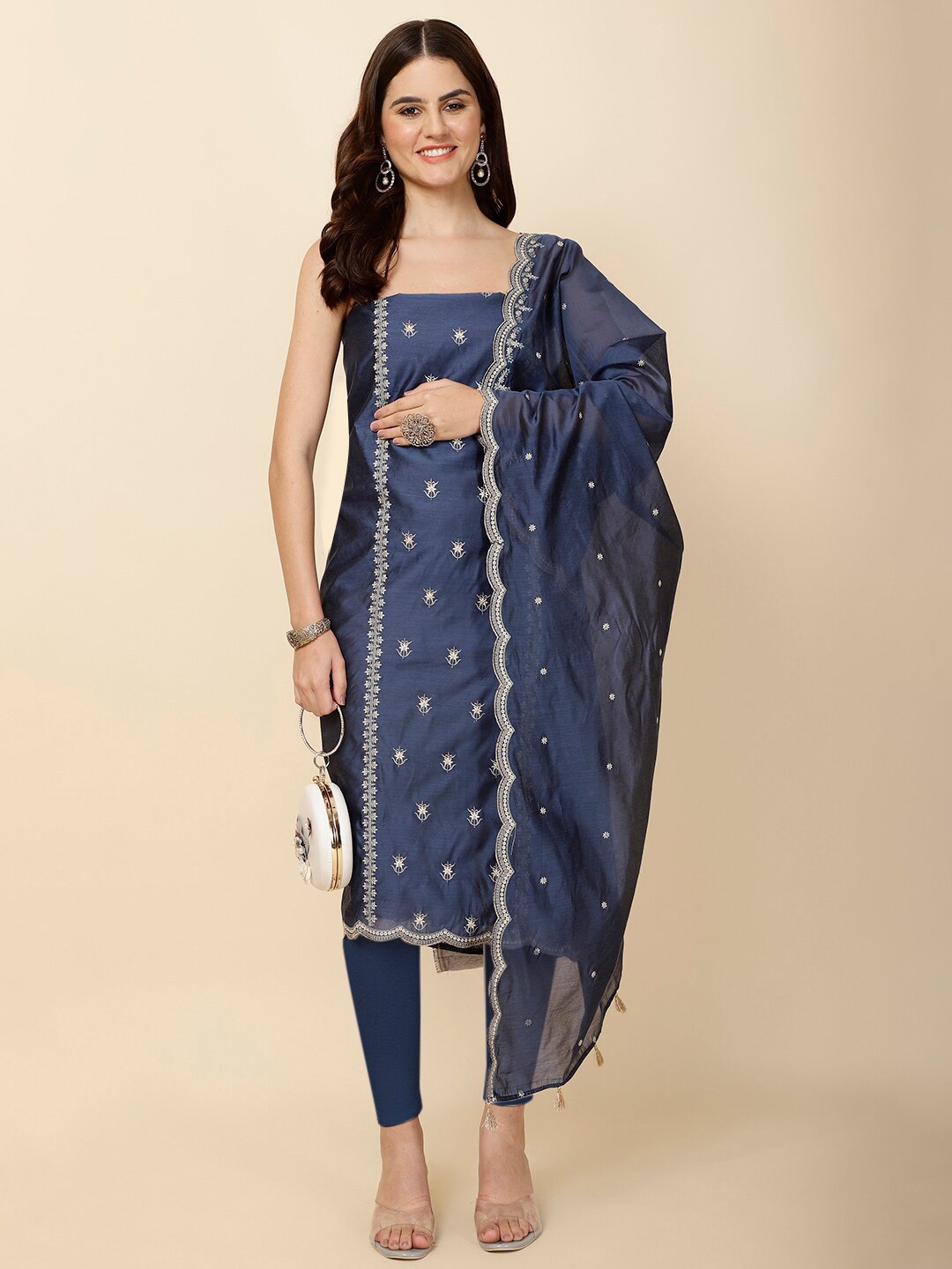 

Meena Bazaar Embroidered Art Silk Unstitched Dress Material, Navy blue