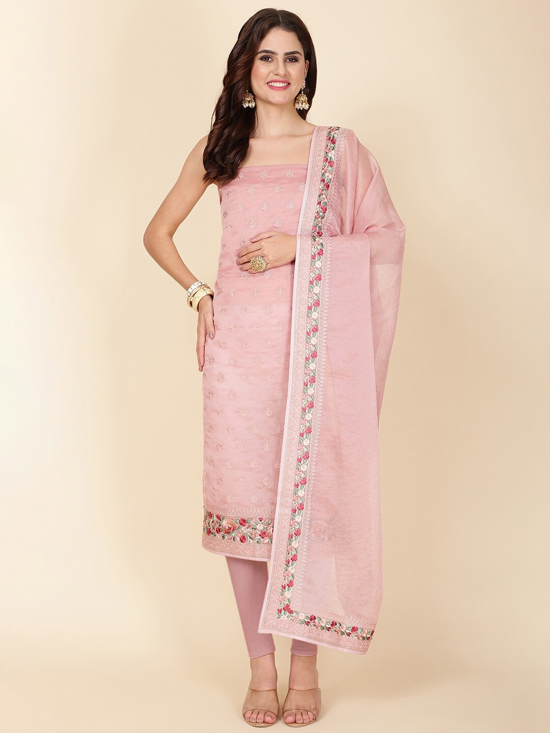 

Meena Bazaar Embroidered Organza Unstitched Dress Material, Peach