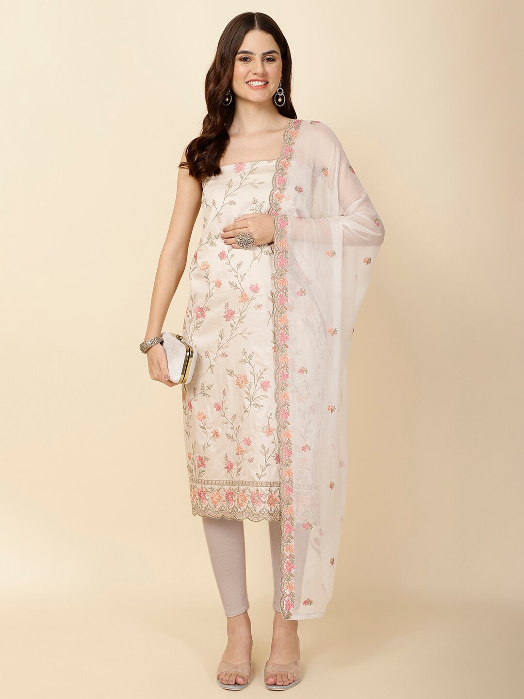 

Meena Bazaar Embroidered Unstitched Dress Material, Beige