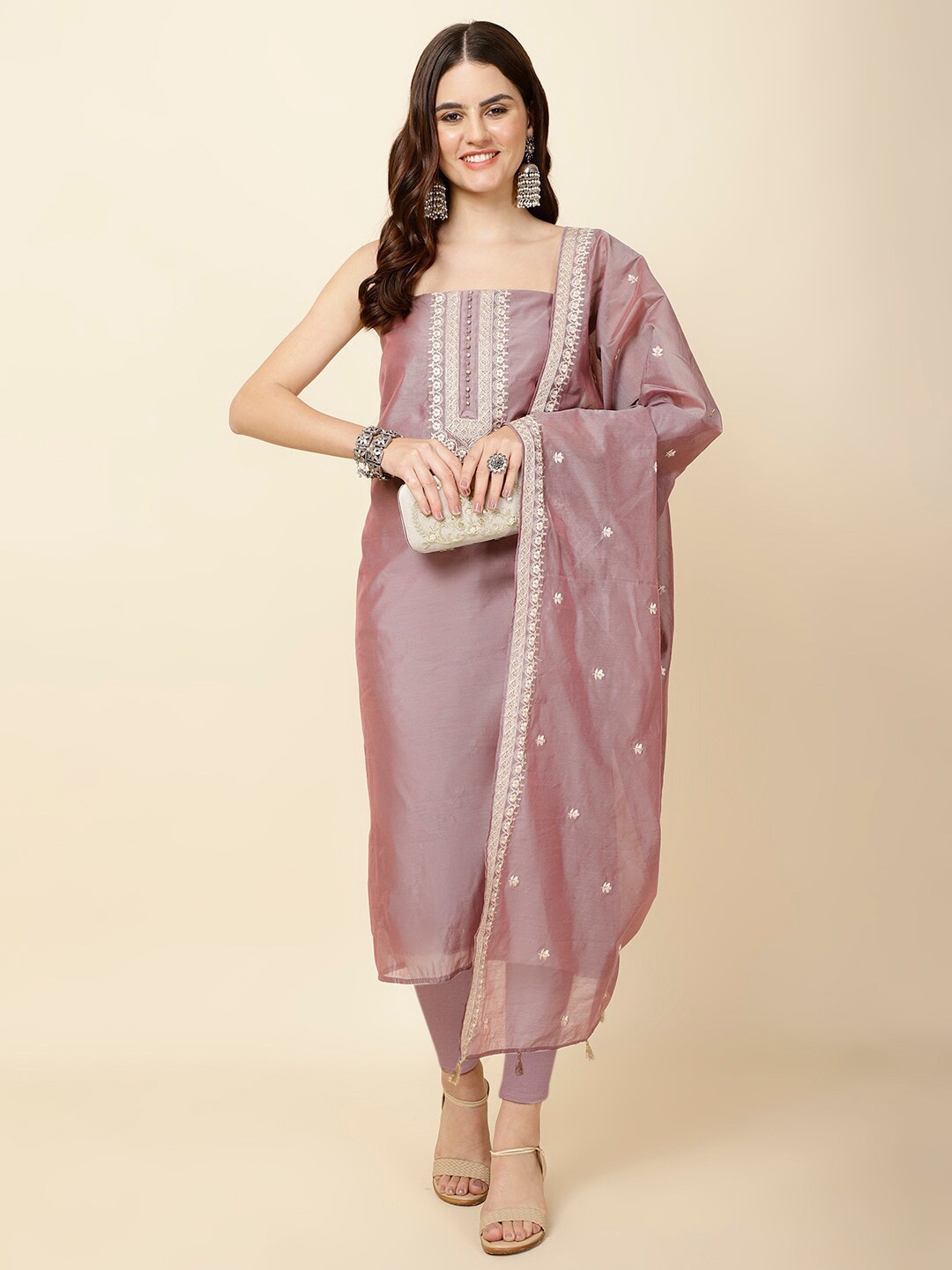 

Meena Bazaar Embroidered Art Silk Unstitched Dress Material, Mauve
