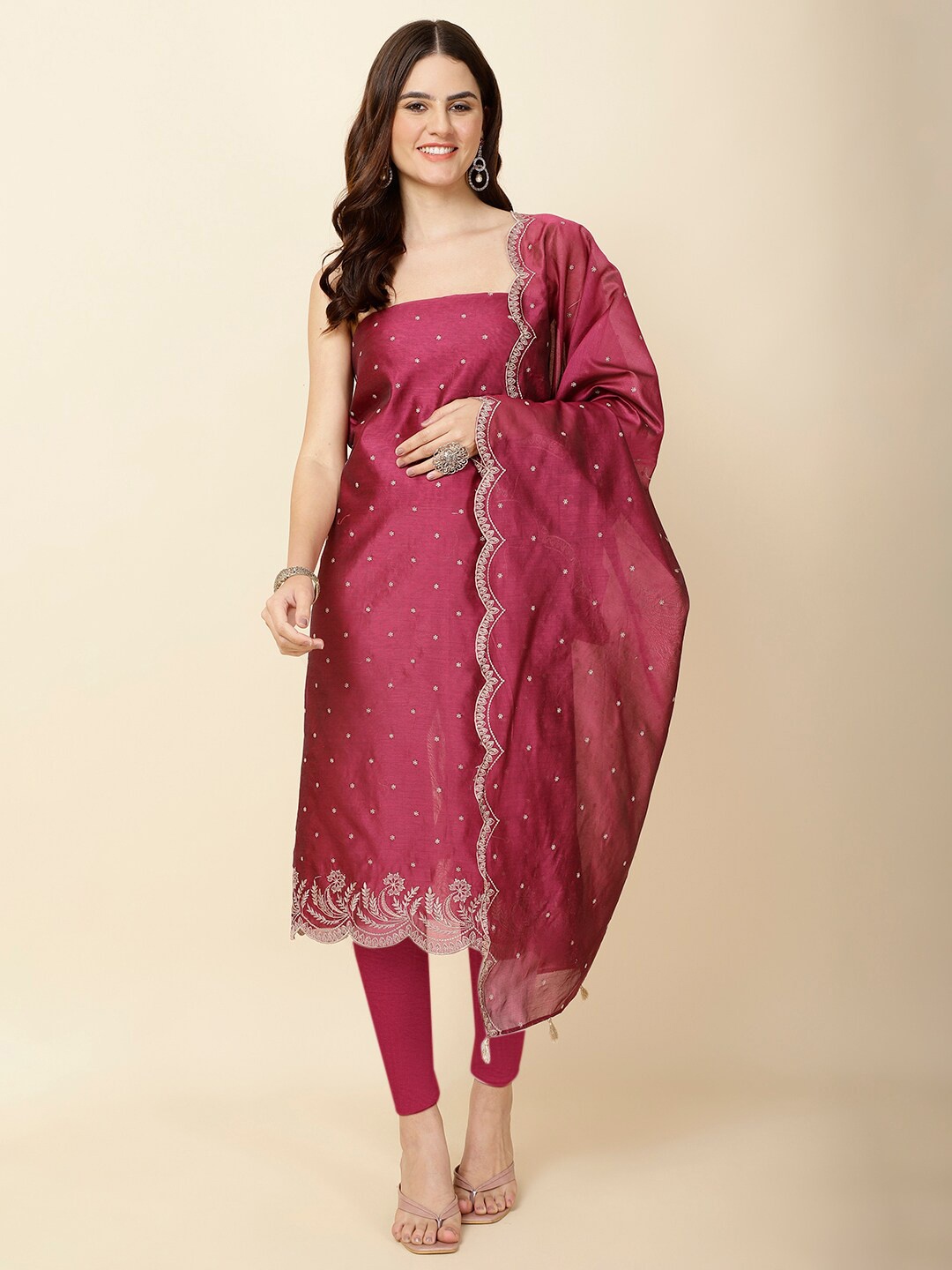 

Meena Bazaar Embroidered Art Silk Unstitched Dress Material, Pink