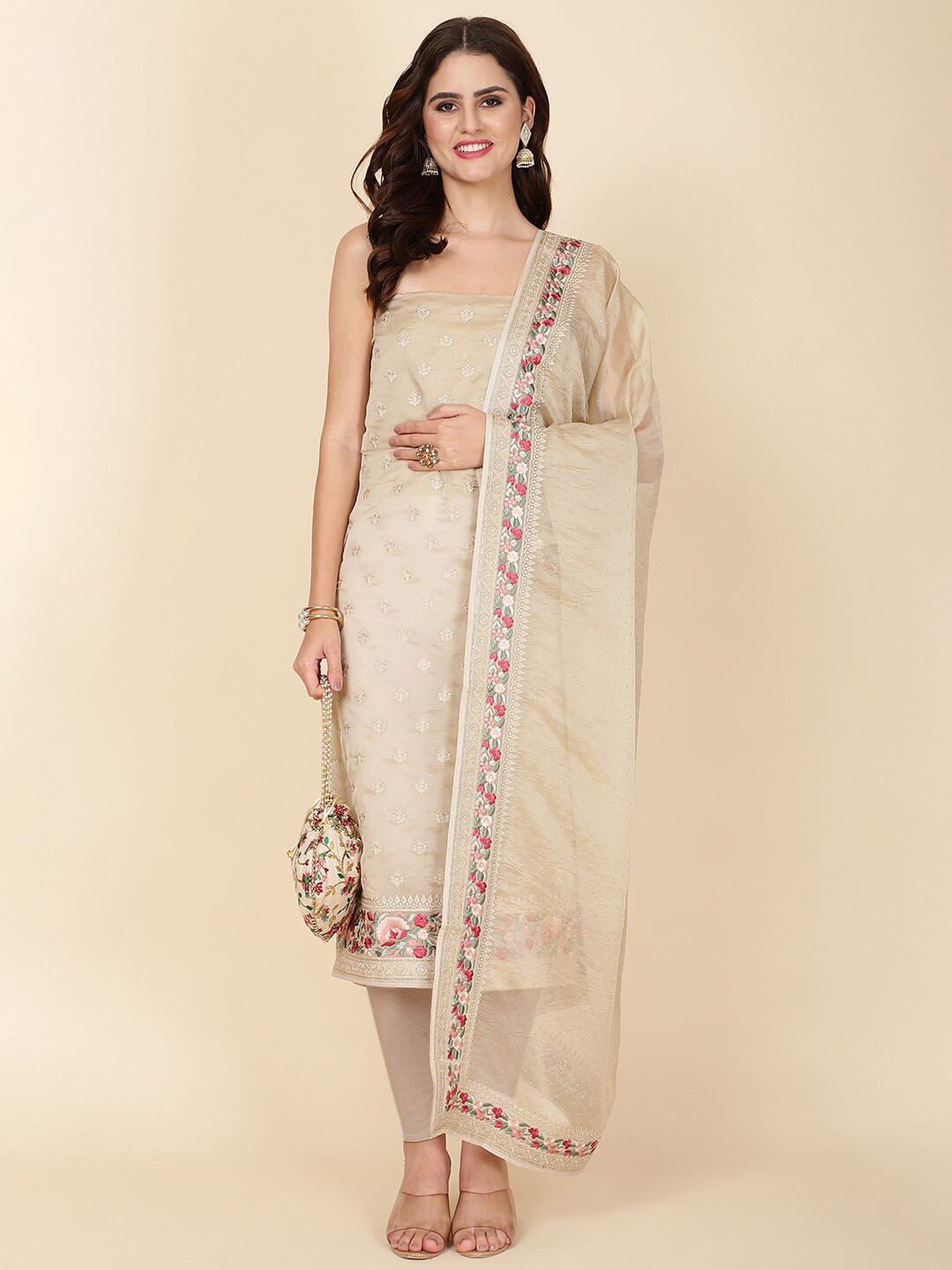 

Meena Bazaar Embroidered Organza Unstitched Dress Material, Beige