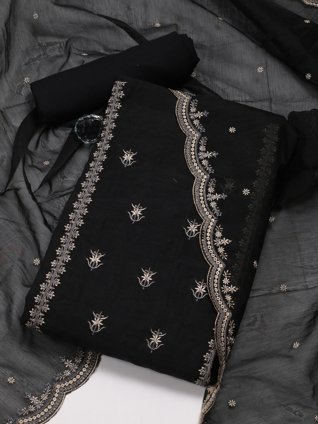 

Meena Bazaar Embroidered Art Silk Unstitched Dress Material, Black