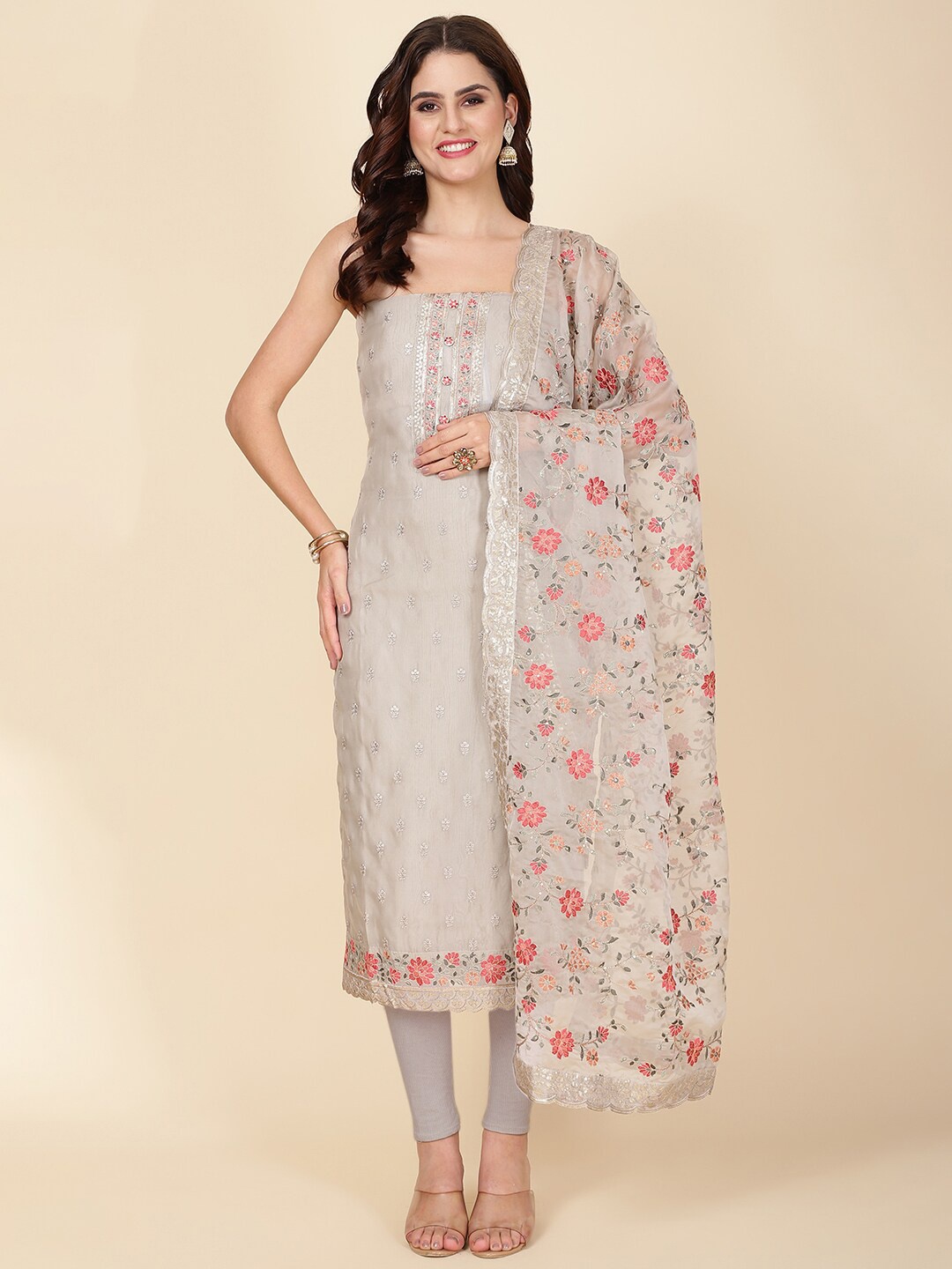 

Meena Bazaar Embroidered Organza Unstitched Dress Material, Grey