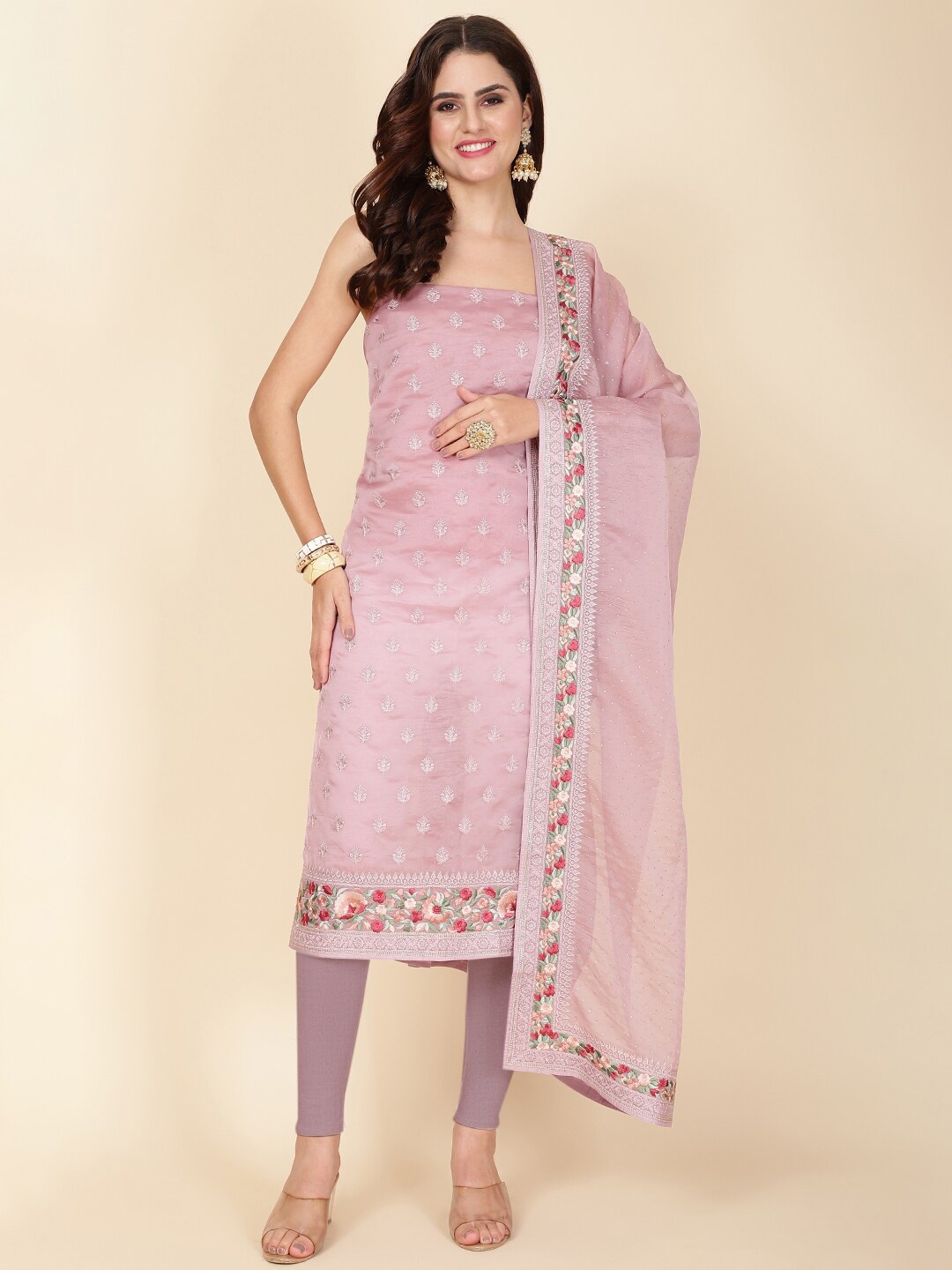 

Meena Bazaar Embroidered Organza Unstitched Dress Material, Pink
