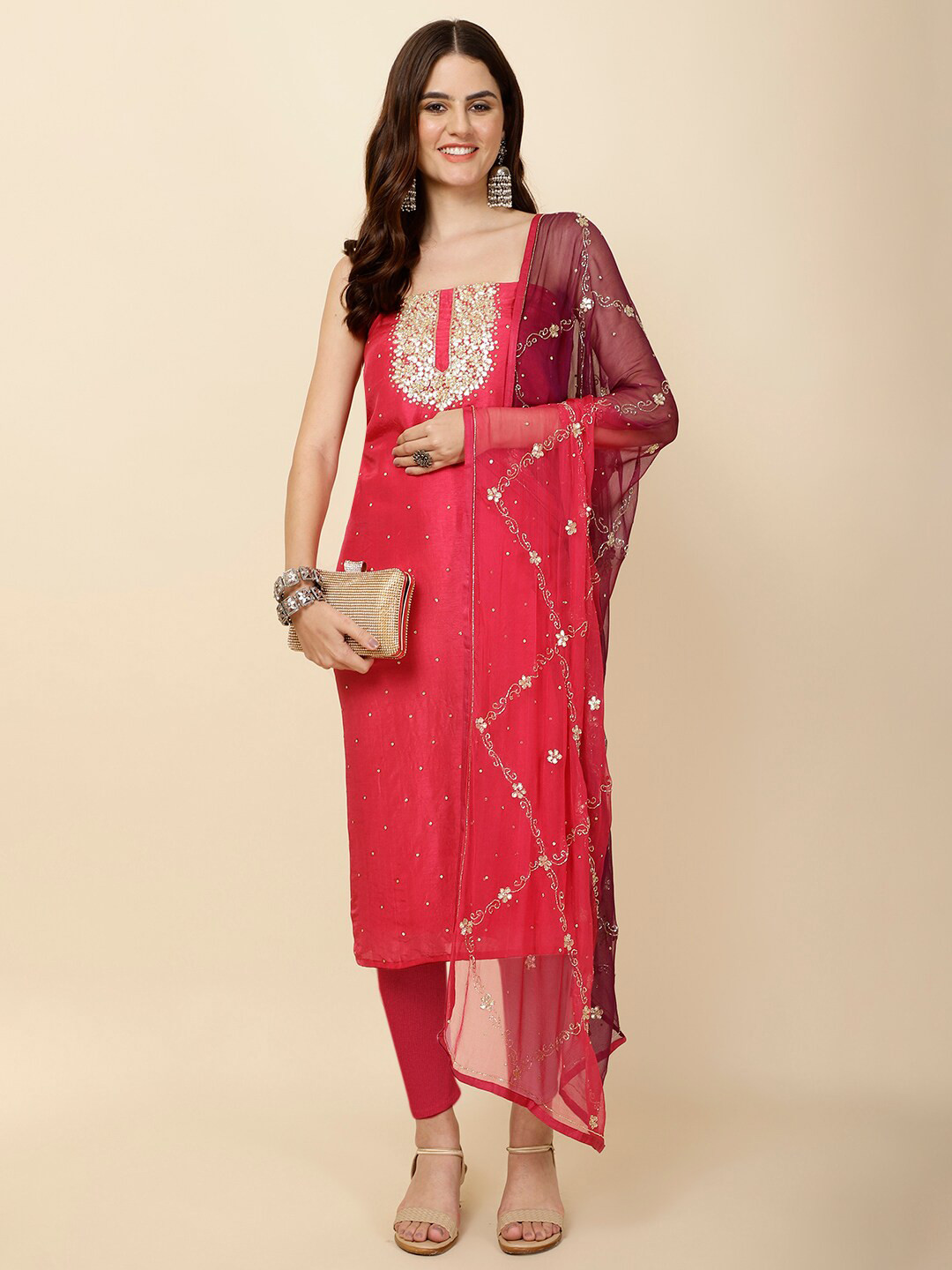 

Meena Bazaar Embellished Art Silk Unstitched Dress Material, Pink