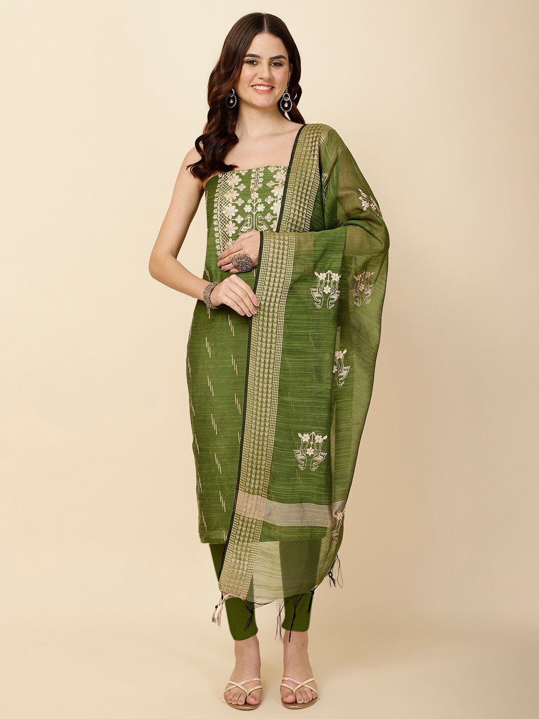 

Meena Bazaar Embroidered Art Silk Unstitched Dress Material, Green