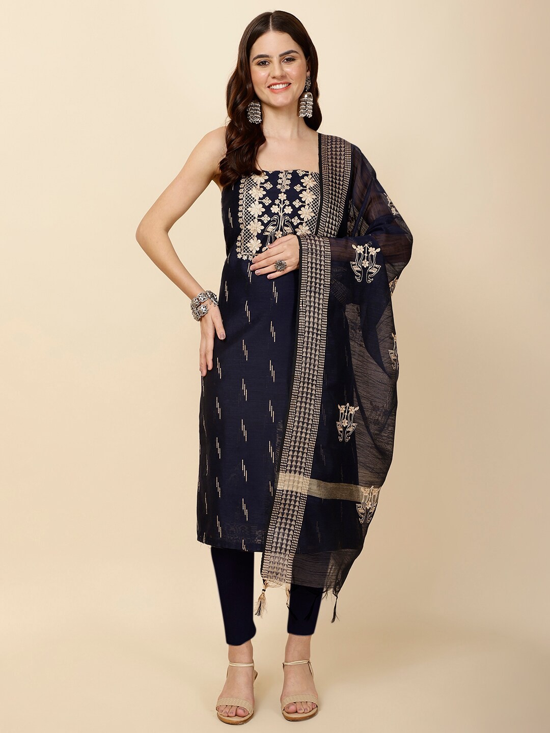 

Meena Bazaar Embroidered Art Silk Unstitched Dress Material, Navy blue