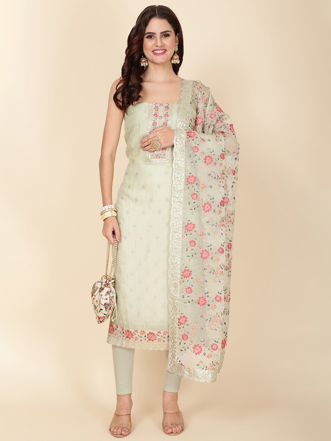 

Meena Bazaar Embroidered Organza Unstitched Dress Material, Green