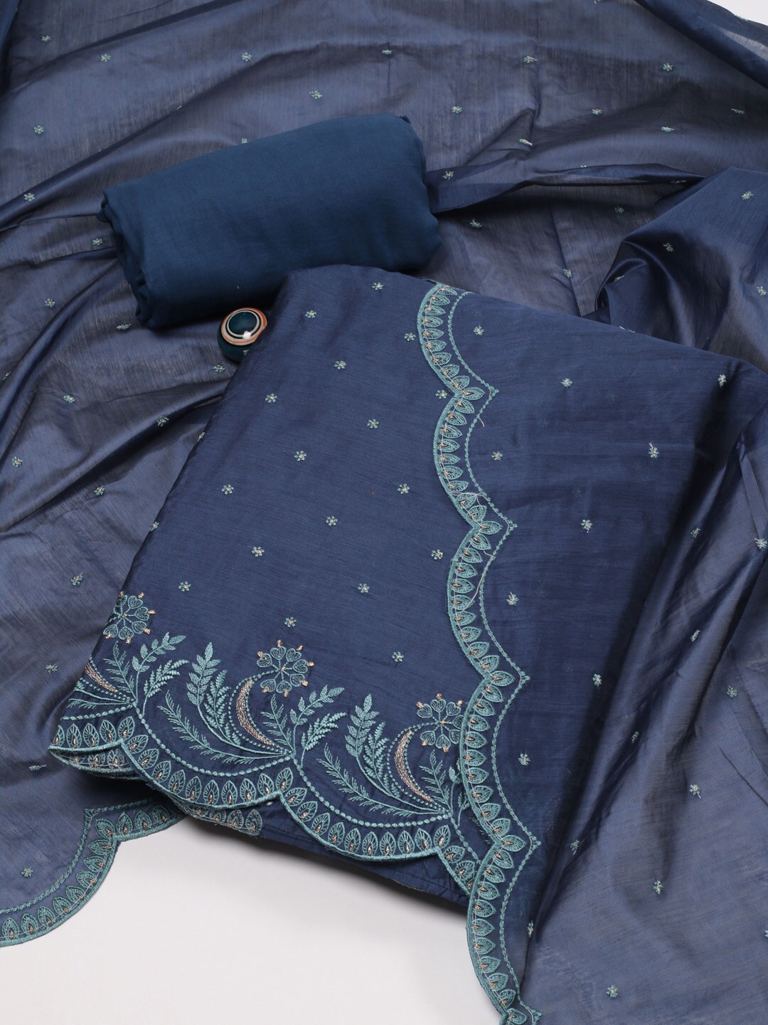 

Meena Bazaar Embroidered Art Silk Unstitched Dress Material, Navy blue