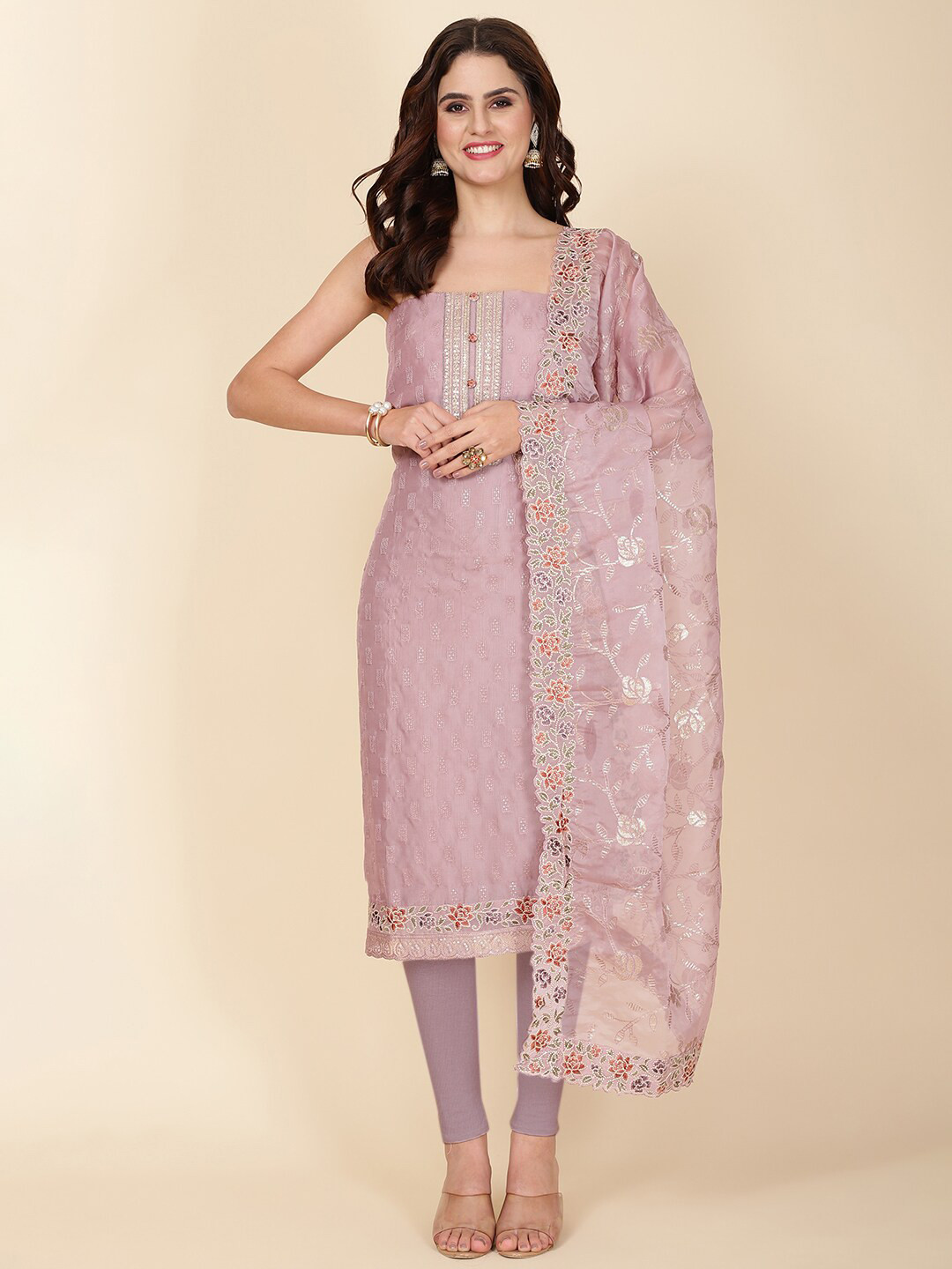 

Meena Bazaar Embroidered Organza Unstitched Dress Material, Lavender